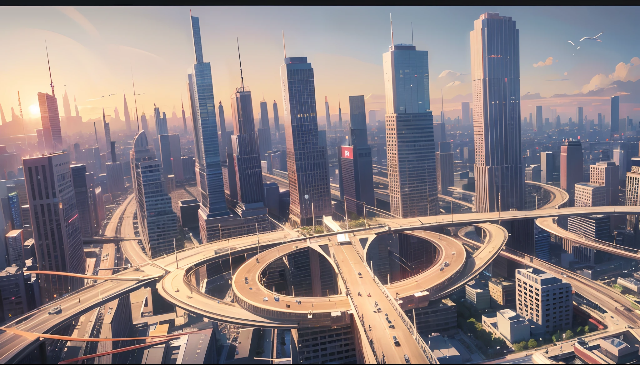 Create a futuristic, modern image with flying cars and high-rise buildings --auto --s2