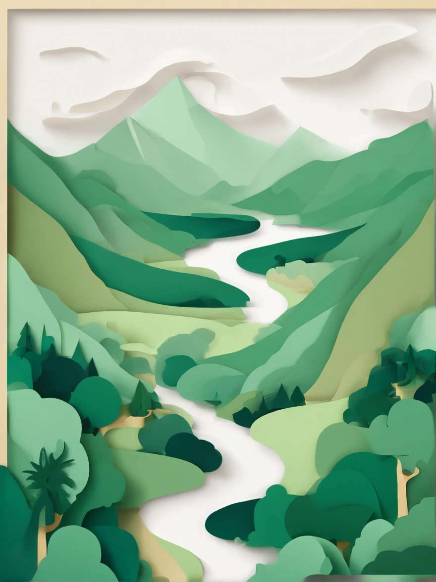 Top-down view，White lakes in the middle of green mountains，Clean background，Curvilinear texture，
