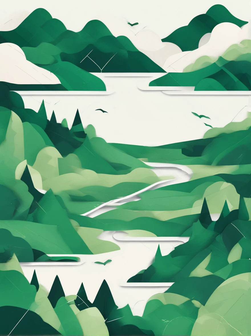 Top-down view，White lakes in the middle of green mountains，Clean background，Curvilinear texture，