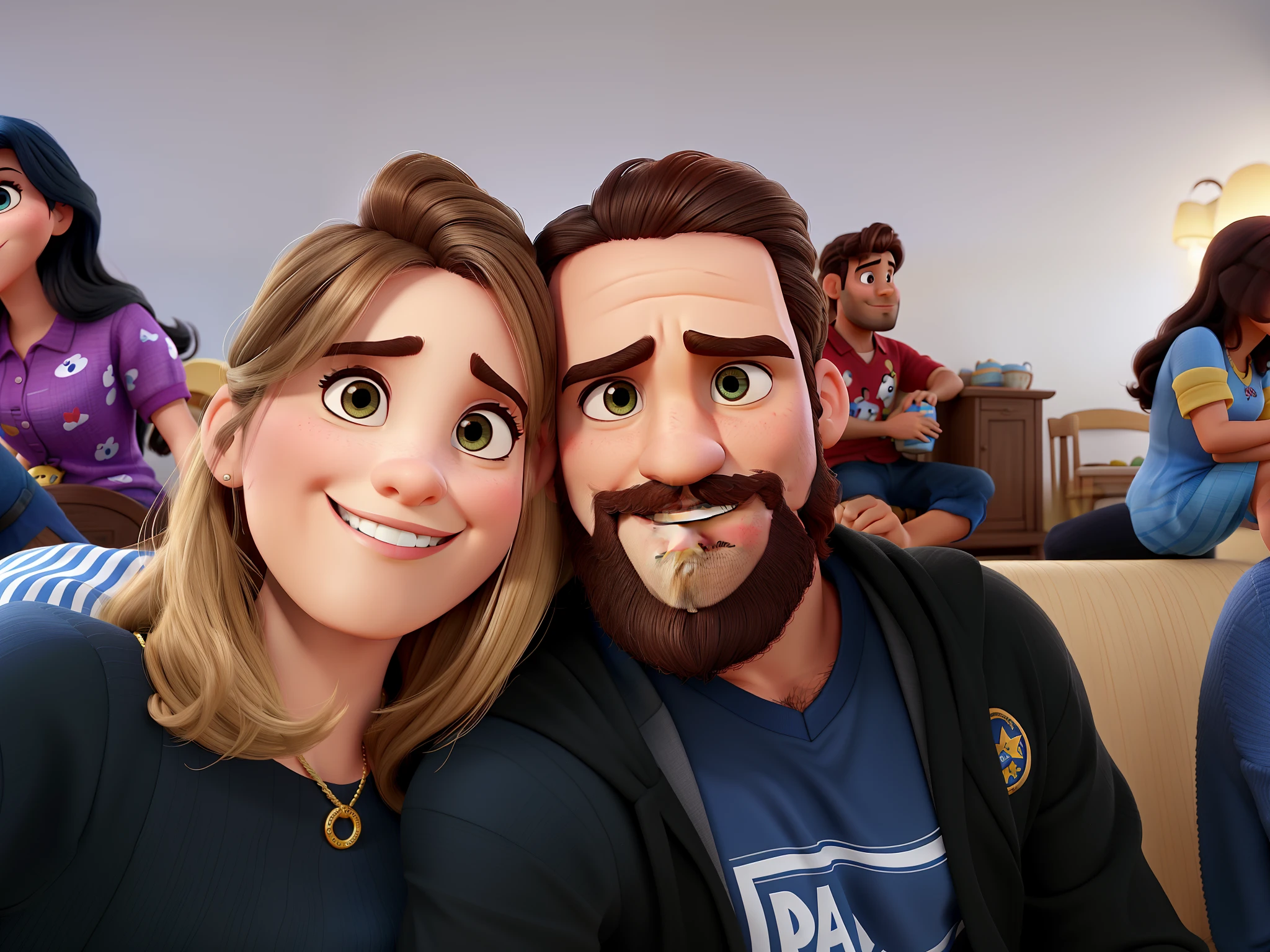 Casal estilo disney pixar melhor qualidade alta qualidade. Homem moreno cabelo comprido crespo barba e mulher loira olhos azuis cabelos longos lisos