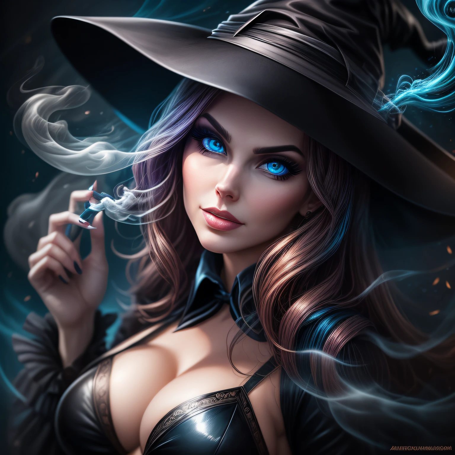 close up, Amouranth as Zatanna из DC Comics, epic villainess, witch, looking at viewer, wanting a kiss, Ghost, Dark, gothic, Ultra Detailed, blue transparent smoke swirls around her, real, high detail, best quality