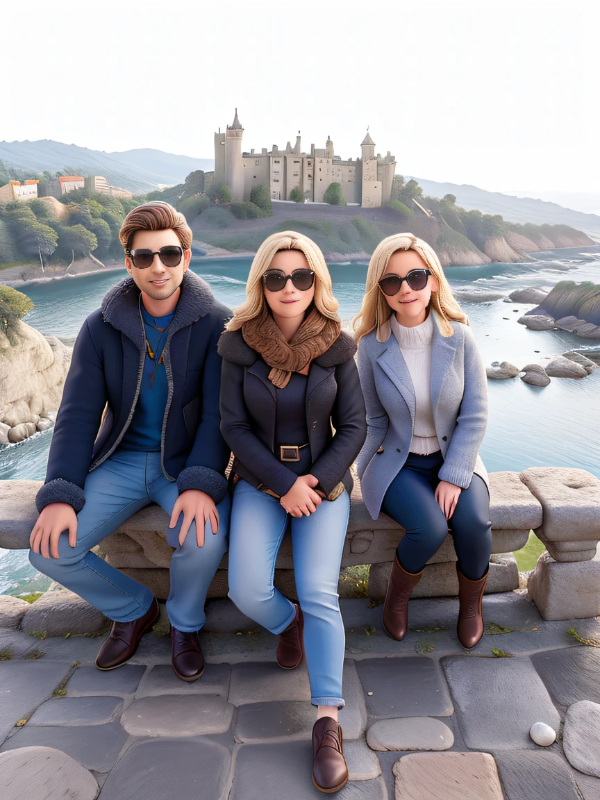 Three people in sunglasses sitting on a stone bench overlooking a castle, Em Espanha, com um castelo ao fundo, ( castelo no fundo ), com montanhas ao fundo, sentado em um castelo, castelo no fundo, ao lado do castelo real!!!, com montanhas no fundo, Ruins in the background, com castelo ao longe, vacation photo, homem de cabelo curto