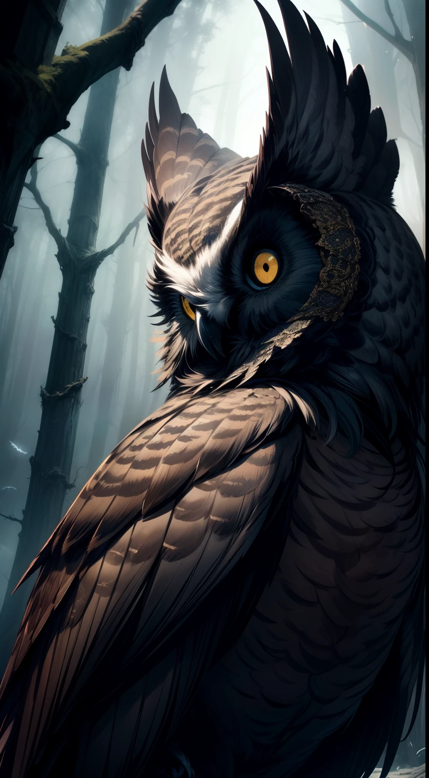 (best quality,highres,masterpiece:1.2),ultra-detailed,ominous atmosphere,owl with intricate details,piercing eyes,feathers in sharp focus,detailed claws and beak,[dark and mysterious],[haunting shadows and eerie lighting],creepy tree branches,foreboding night sky,bold surrealism,subtle color palette,dramatic chiaroscuro
