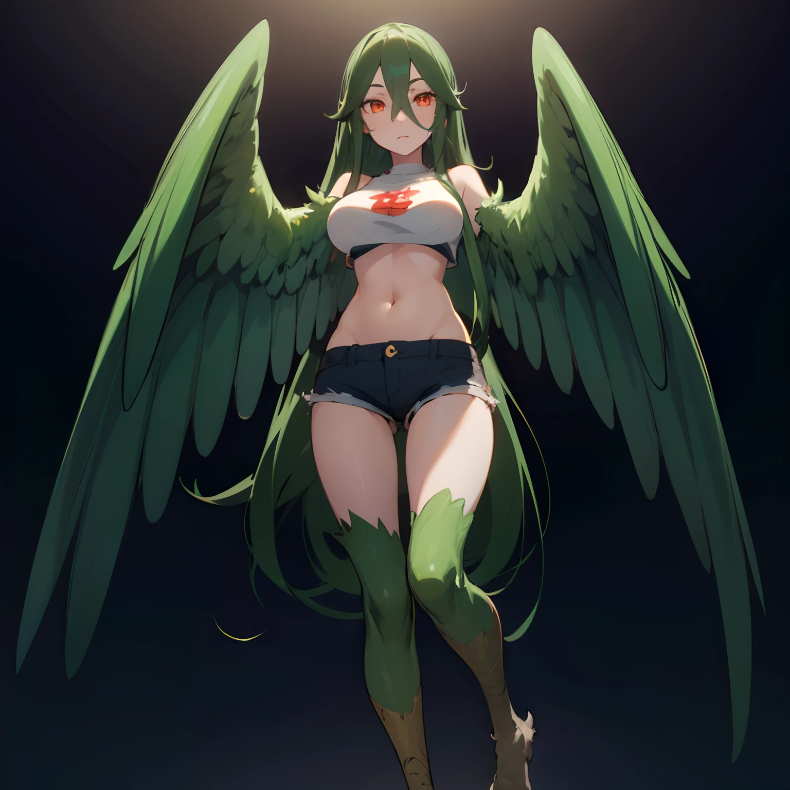 beautiful, masterpiece, best quality, extremely detailed face, perfect lighting, harpy,long hair,green hair,hair between eyes,bangs,very long hair,orange eyes, 1girl, short shorts, crop top, large breasts, full body shot