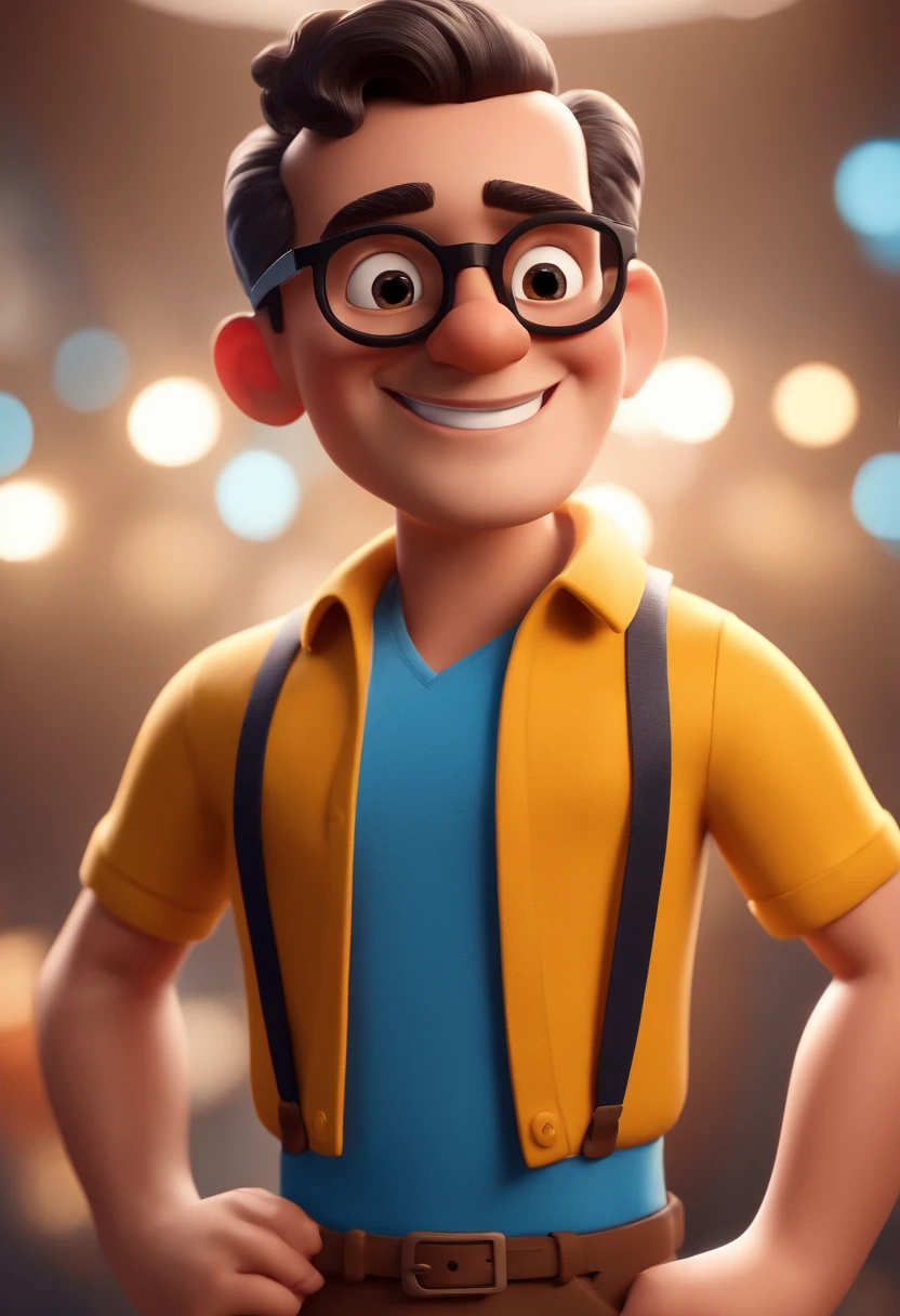 Cartoon character of a man with black glasses and a blue shirt, animation character, Caractere estilizado, animation style rendering, 3D estilizado, Arnold Maya render, 3 d render stylized, toon render keyshot, Personagem 3D, Personagem 3D, 3d rendering stylized, 3 d character render, personagem de desenho animado, Personagem de close up, Pose de personagem, (Estilo Pixar) (master part:1.2) (Bokeh) (best quality) (pele detalhada) (textura detalhada) (8k) (argila) (Cinematic lighting) (foco nítido