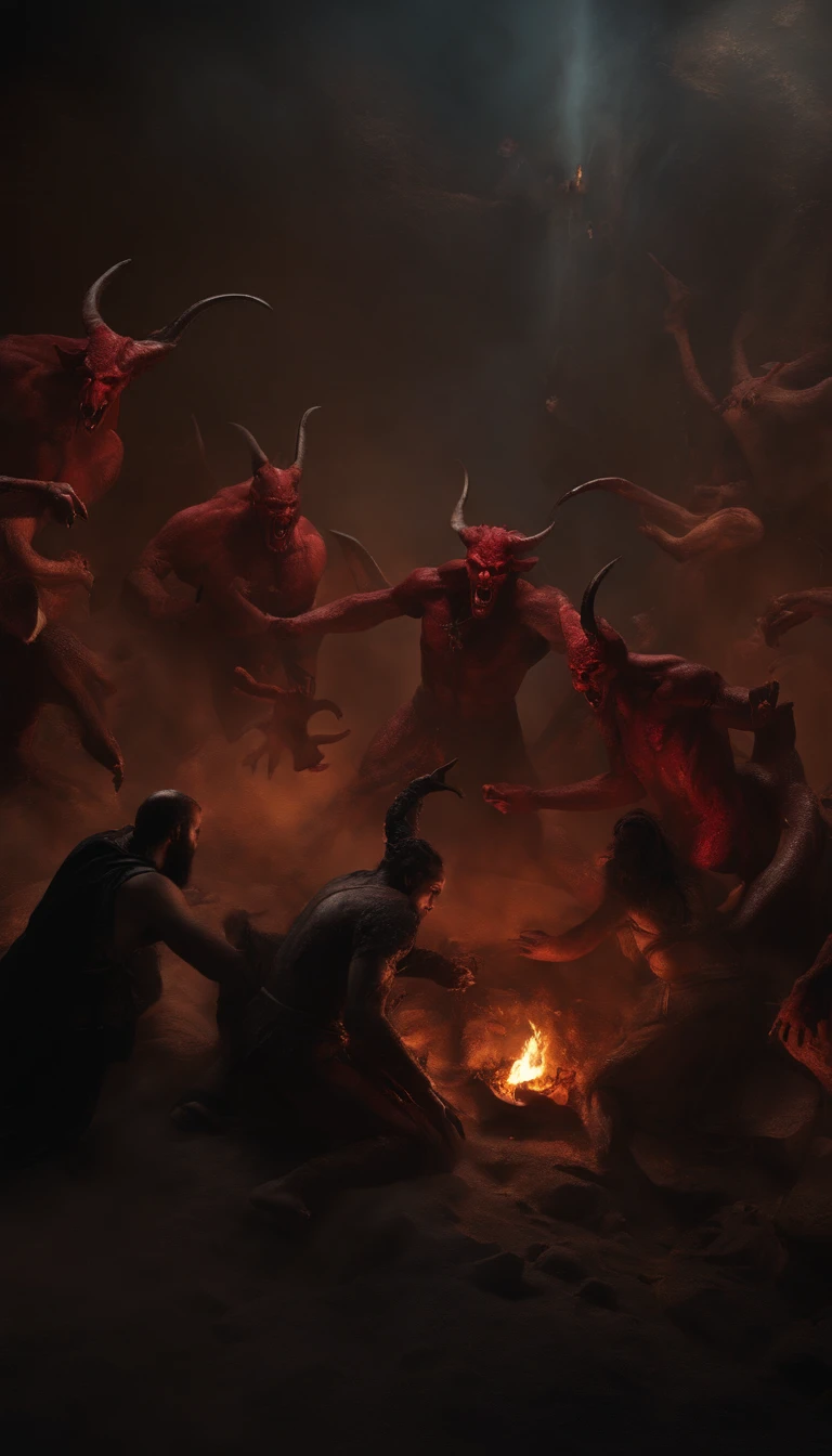 Make images of people committing various actions that are considered sinful in a dark setting, with demons chaining people.