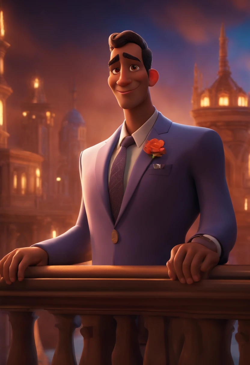 A city councilman looking at a dream project inspired by Pixar animation, de perto. The character takes center stage with captivating facial expressions, oferecendo um toque de irrealidade