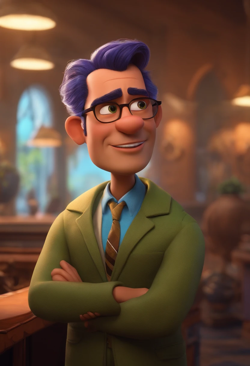 A city councilman looking at a dream project inspired by Pixar animation, de perto. The character takes center stage with captivating facial expressions, oferecendo um toque de irrealidade