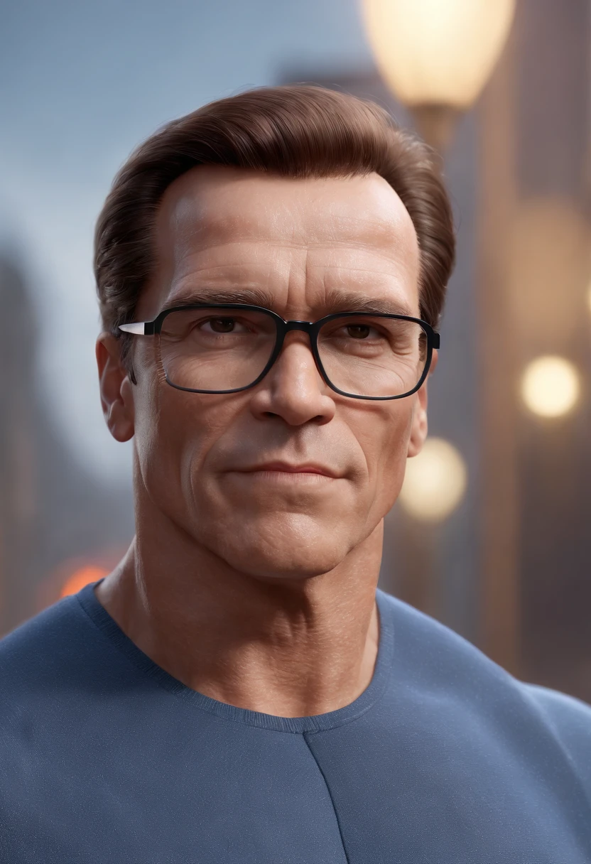 Cartoon character of a man wearing black glasses and a blue shirt, um personagem animado, Caractere estilizado, animation style rendering, 3D estilizado, Arnold Maya render, 3 d render stylized, toon render keyshot, Personagem 3D, Personagem 3D, 3d rendering stylized, 3 d character render, personagem de desenho animado, Personagem de close up, Pose de personagem, (Estilo Pixar) (master part:1.2) (Bokeh) (best quality) (pele detalhada) (textura detalhada) (8k) (argila) (Cinematic lighting) (foco nítido,Senta e vaza a parte superior e inferior do corpo do arnold schwarzenegger