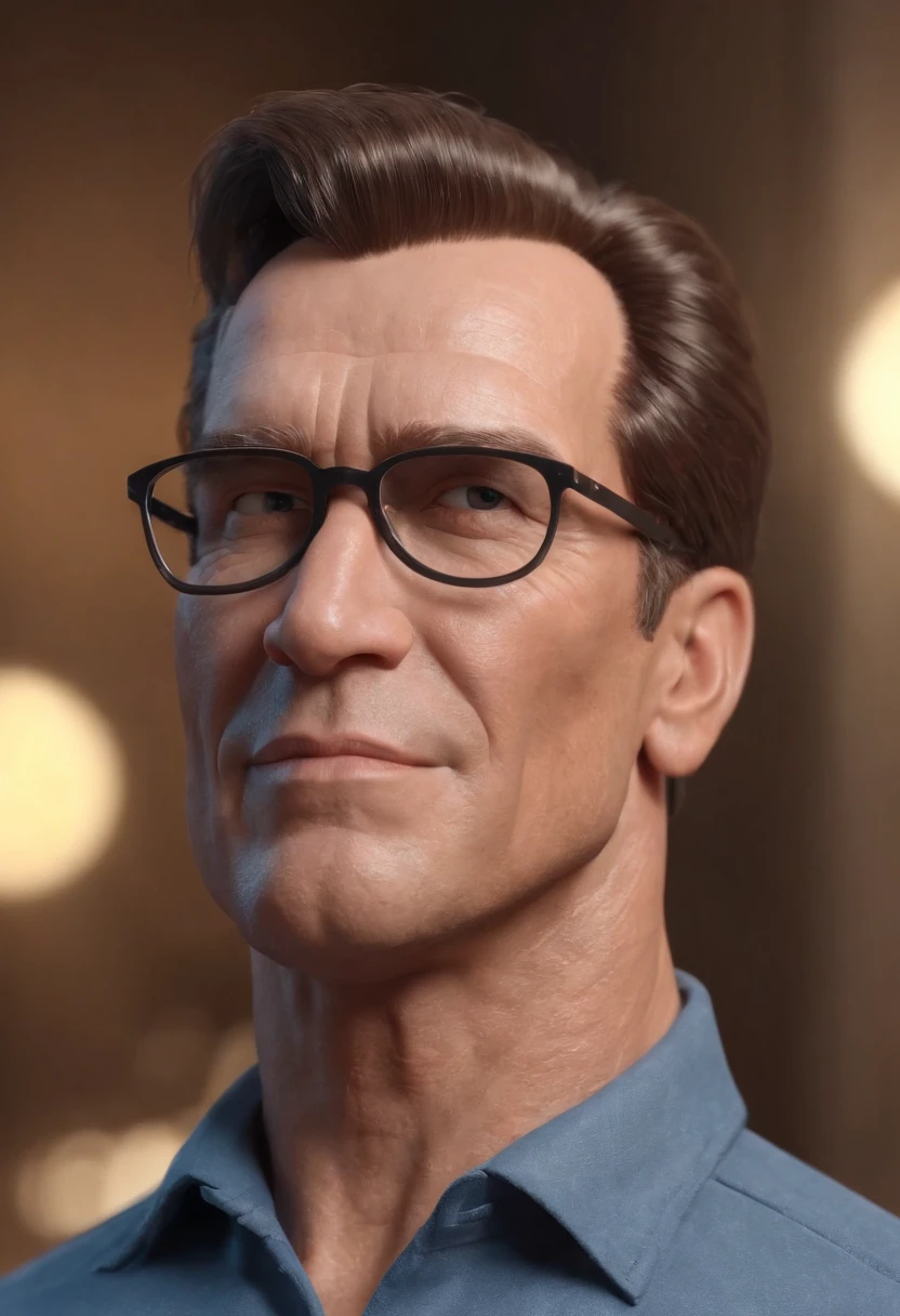 Cartoon character of a man wearing black glasses and a blue shirt, um personagem animado, Caractere estilizado, animation style rendering, 3D estilizado, Arnold Maya render, 3 d render stylized, toon render keyshot, Personagem 3D, Personagem 3D, 3d rendering stylized, 3 d character render, personagem de desenho animado, Personagem de close up, Pose de personagem, (Estilo Pixar) (master part:1.2) (Bokeh) (best quality) (pele detalhada) (textura detalhada) (8k) (argila) (Cinematic lighting) (foco nítido,Senta e vaza a parte superior e inferior do corpo do arnold schwarzenegger