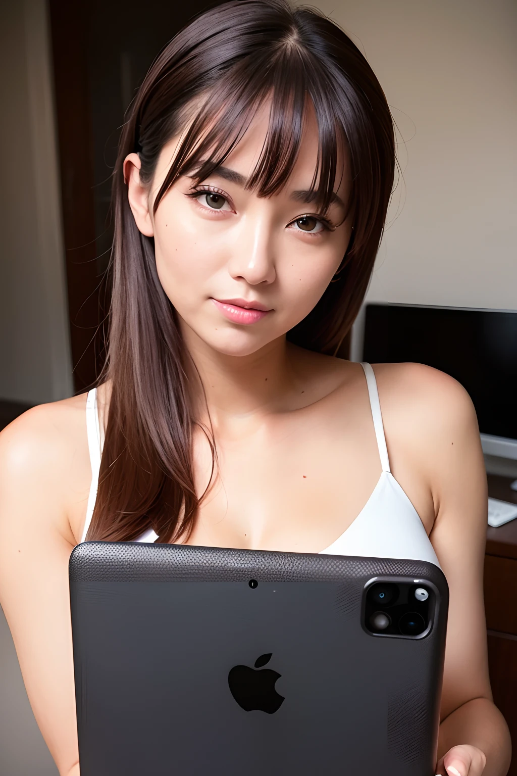 woman with a iPad, office,8k, RAW photo,((detailed:1.4)), portrait, best quality, ultra high res, photorealistic,