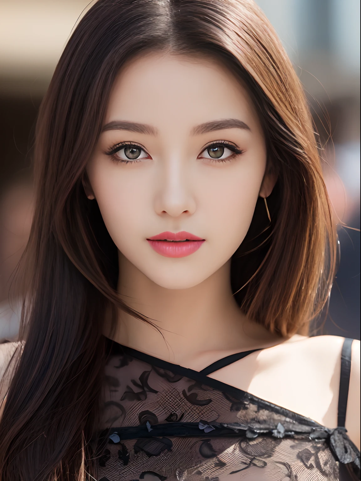 ((top-quality、8K、​masterpiece:1.3))、extremely delicate and beautiful girl，realisticlying，Incredibly absurd，abstract  art，From waist to shoulders，catch，extra detailed body，Short Black Hong Kong Style Hair，，Floating hair，light brown hair，Vitone Hair，beautiful fine hair，Exquisite and beautiful face，浅笑，Clear eyes， Black colored eyes，Neck_bow ribbon，frilld_Dress，beautiful and clear background，Beautiful sky，full bloom，very precise details，absurderes，extremely CG，((A sexy mature girl:1.5))、Thick lip、Crimson Lip Gloss、eye make up、((40 years:1.5))、Sweaters、Parisian café scene、Sunset sky