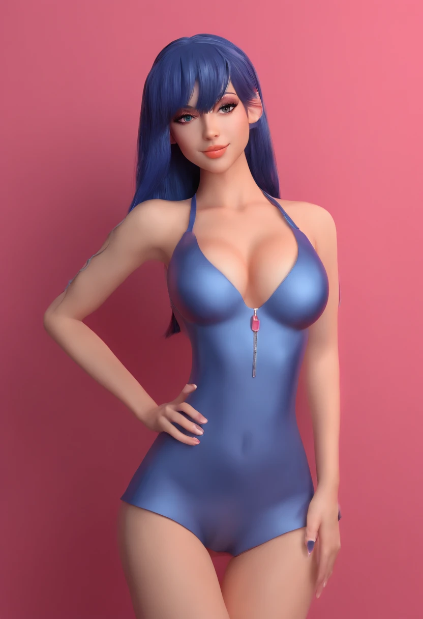A  navy blue haired girl with a  body, she has a beautiful smile on her face, she wears a small red , her lips are very pretty and pink.
