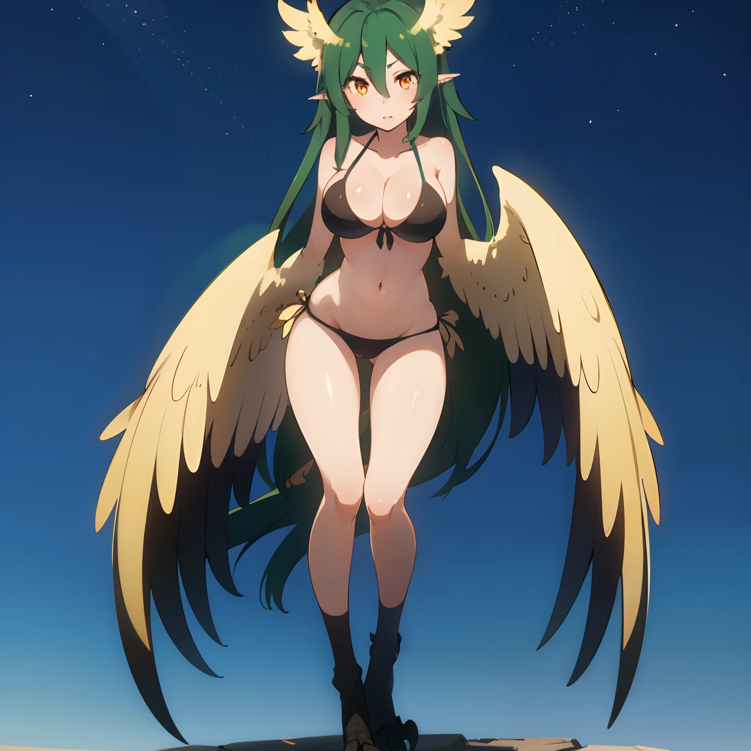 beautiful, masterpiece, best quality, extremely detailed face, perfect lighting, (harpy:1.0), (bird wings, bird legs:1.0), claws, bird tail,long hair,green hair,hair between eyes,bangs,very long hair,orange eyes, 1girl, bikini, large breasts, full body shot, in the sky