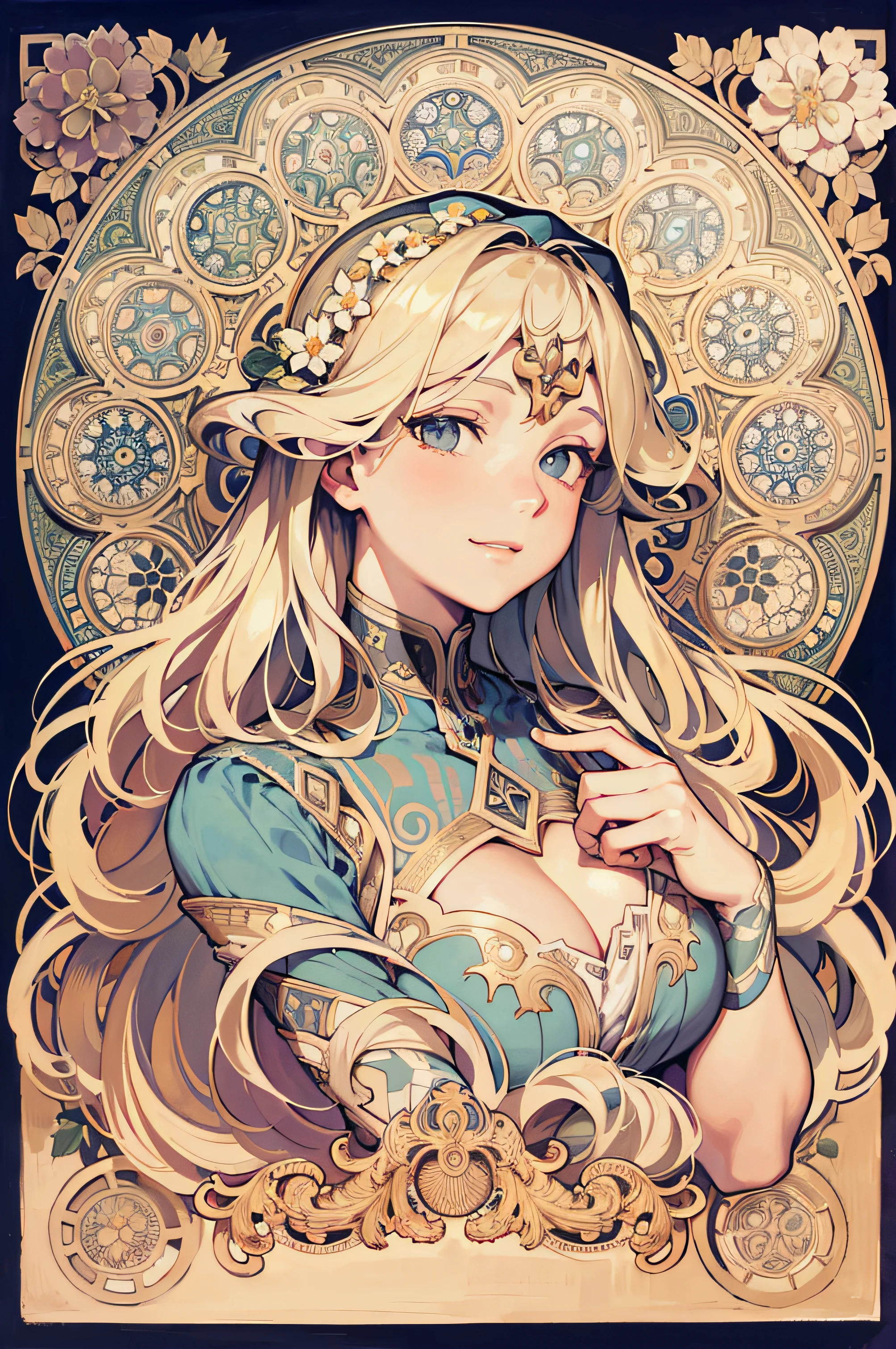European woman face portrait、long curly hair、bionde、A slight smil、Flower Frame、Decorative panel、abstract art、By Alphonse Mucha (masterpiece、top-quality、hight resolution: 1.4)、detaileds、intricate-detail、4K、color splashes、line-drawing、Fibonacci、Underwear、Perfect ratio of 4 fingers to 1 thumb