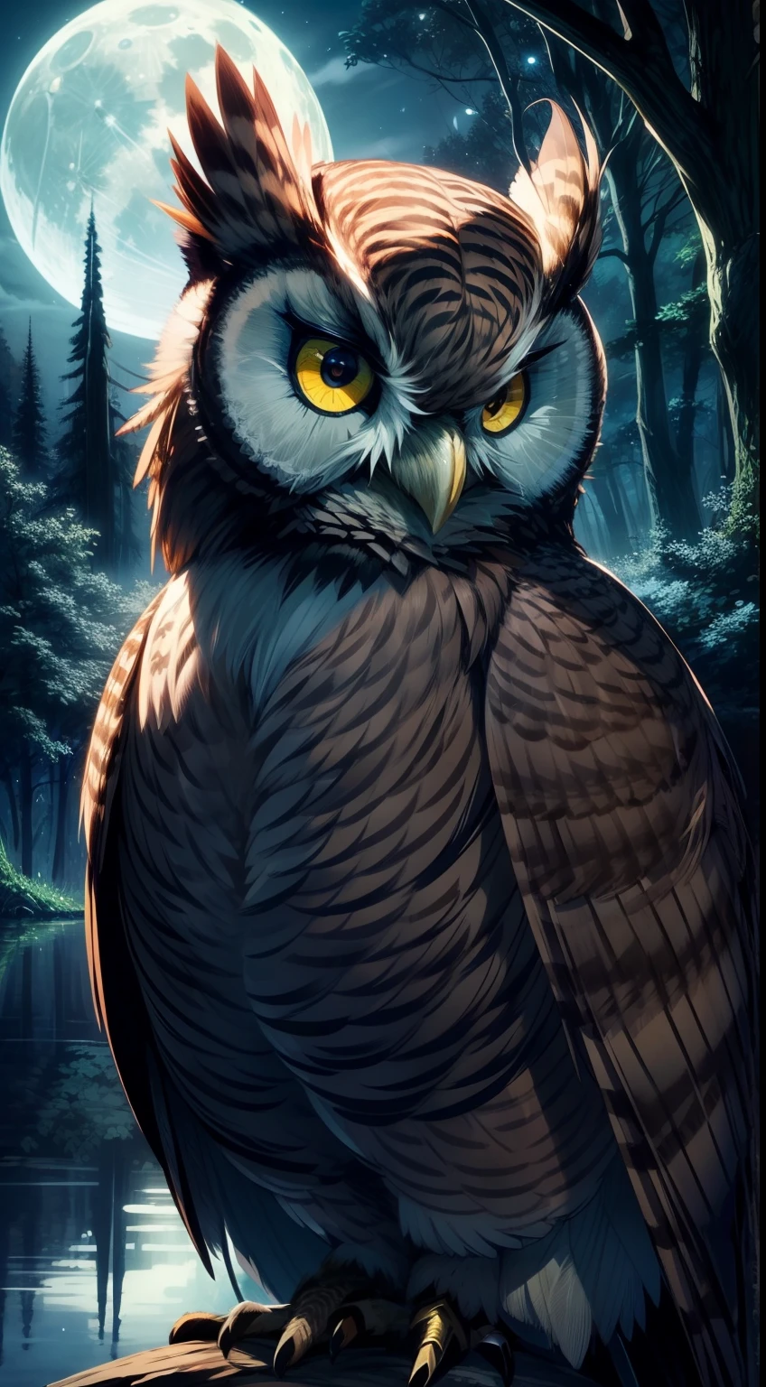 (Best quality,Ultra-detailed,Masterpiece:1.2),Detailed eyes,detailed feathered,Detailed fur,(owl:1.3),Night,Moonlight,sharp talons,sharp beak,Dark silhouette,mysterious,Huge wings,hidden in the shadows,beautiful feathers,Stare with your eyes wide open,wise expression,hauntingly beautiful,Majestic,Glowing eyes,A vigilant gaze,Dark forest,Enchanted,moonlit sky,wisdom,covert,Quiet night,stillness,Hidden wisdom,mythological creatures,enchanting scenery,Dark magic,Branches in the moonlight,Tall trees,green leaf,Reflection of the moon,serene,Peaceful,Quiet,Hunting,Nocturnal predators,wildness,Fly gracefully,Be vigilant to watch,soaring through the sky,Colorful feathers,Elusive prey,night vision,Pristine landscape