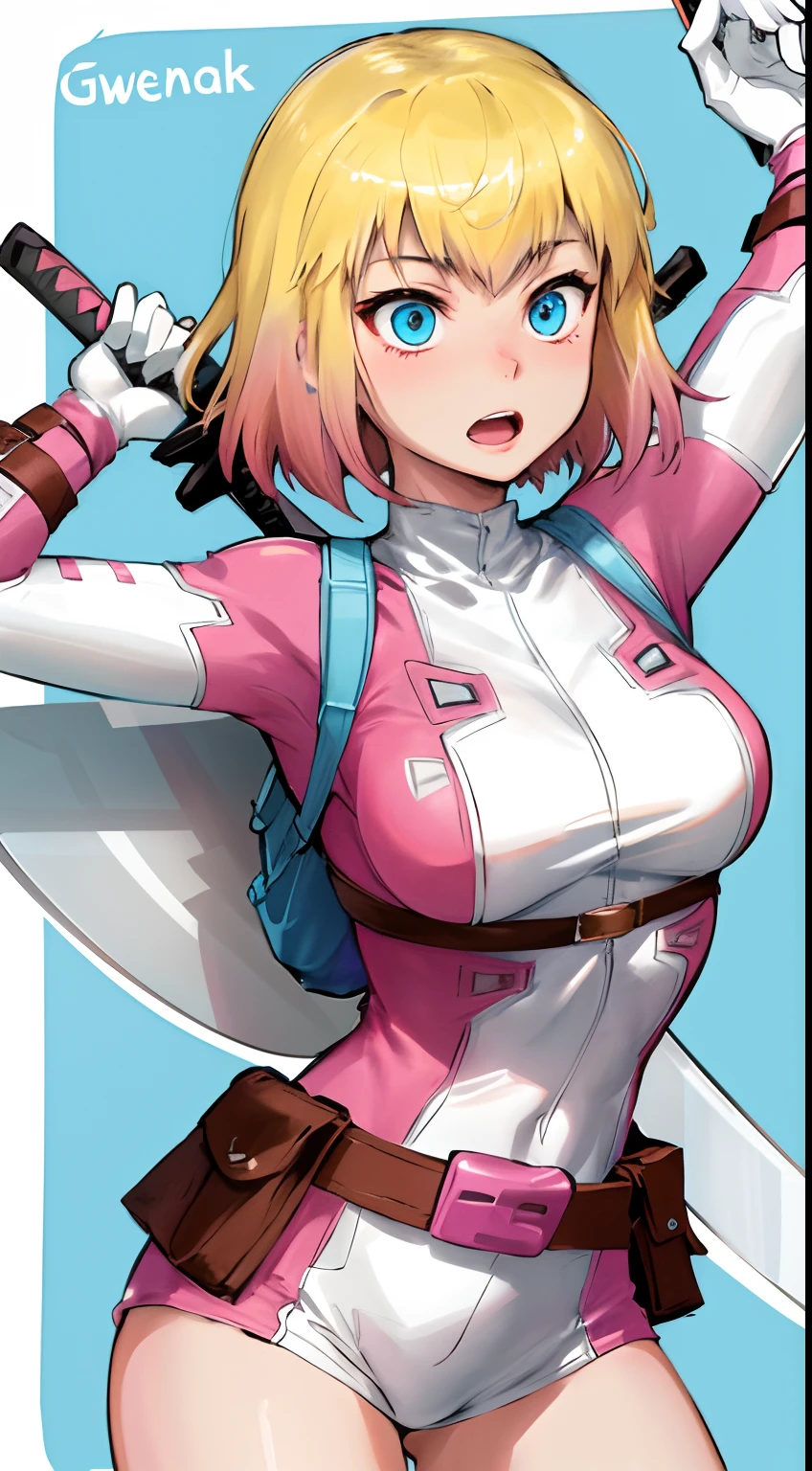 gwenpool, 1girl, weapon, blonde hair, multicolored hair, solo, blue eyes, sword, pouch, superhero, short hair, gradient hair, open mouth, belt, two-tone hair, pink hair, breasts, gloves, belt pouch