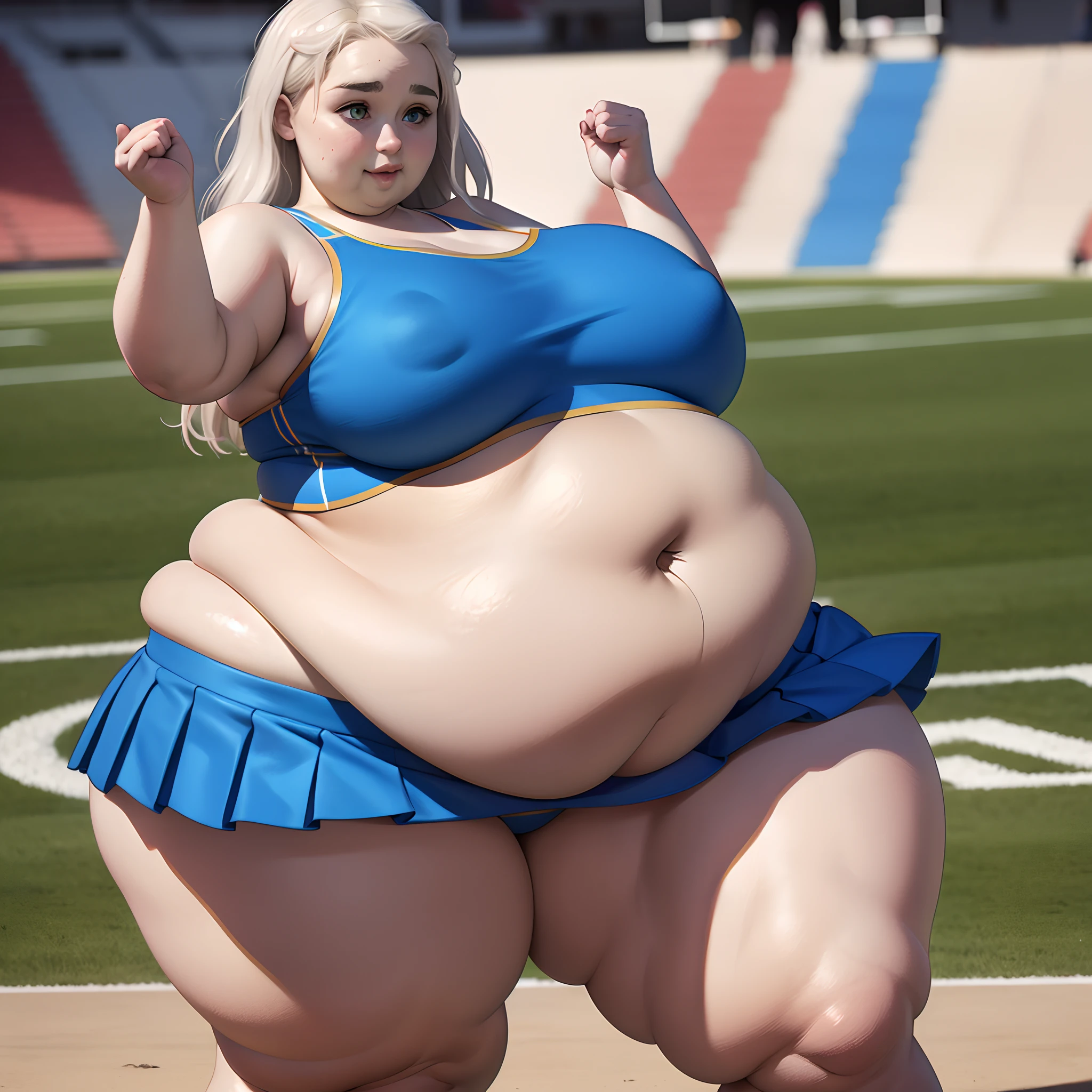 Emilia Clarke, cheerleader outfit, on football field, bare belly, pleated miniskirt, tight clothing, sexy pose, thin body, small breasts, (gigantic breasts:1.5) obese belly, (obese belly:1.5),