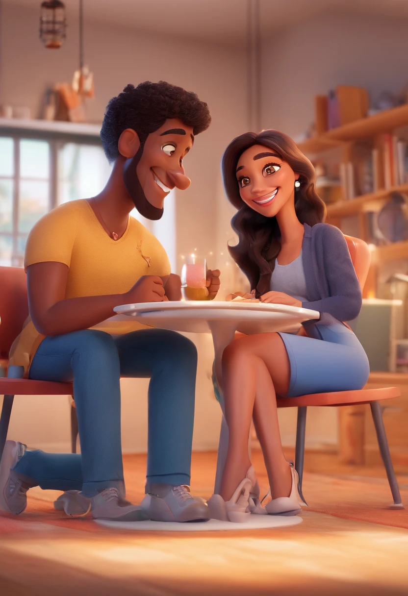 An illustration of an adorable couple, Highlight for a chubby mulatto man with glasses smiling and a brunette woman with beautiful expressive eyes - the man's skin is mulatto and the man's hair haswhile the woman's skin is black and the woman's hair is straight and brown. They are a bright room, cada um com um sorriso no rosto, e compartilhar um momento especial caracterizado pelo amor, Insights. Illustrate this scene from a perspective where they are facing the camera, Smiling and Showing Your Connection. Desenvolva esta arte em Full HD, Focus on your cinematic touch, Estilo Disney Pixar Animations