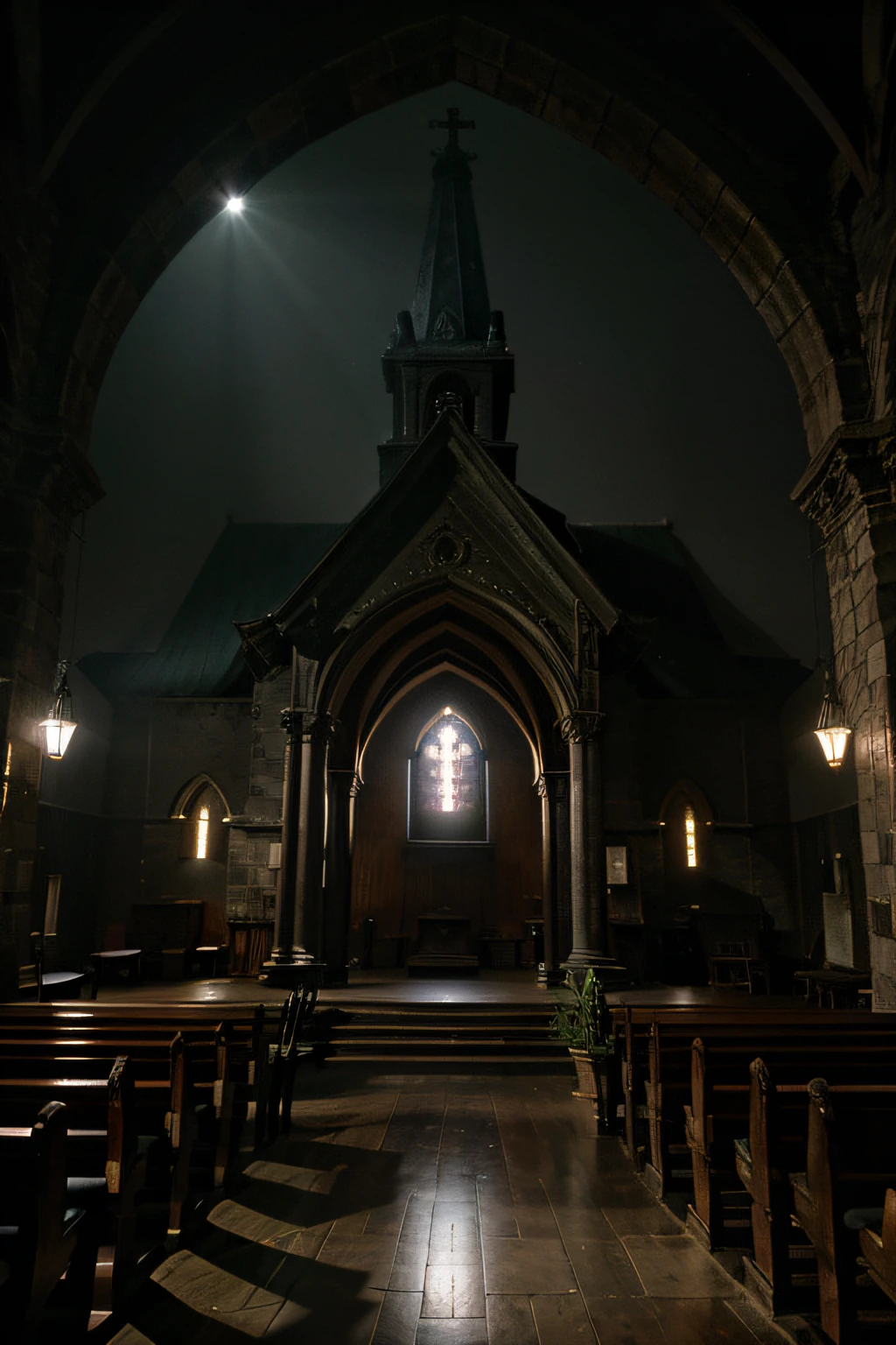 Dimly lit church,Virgin,crosses