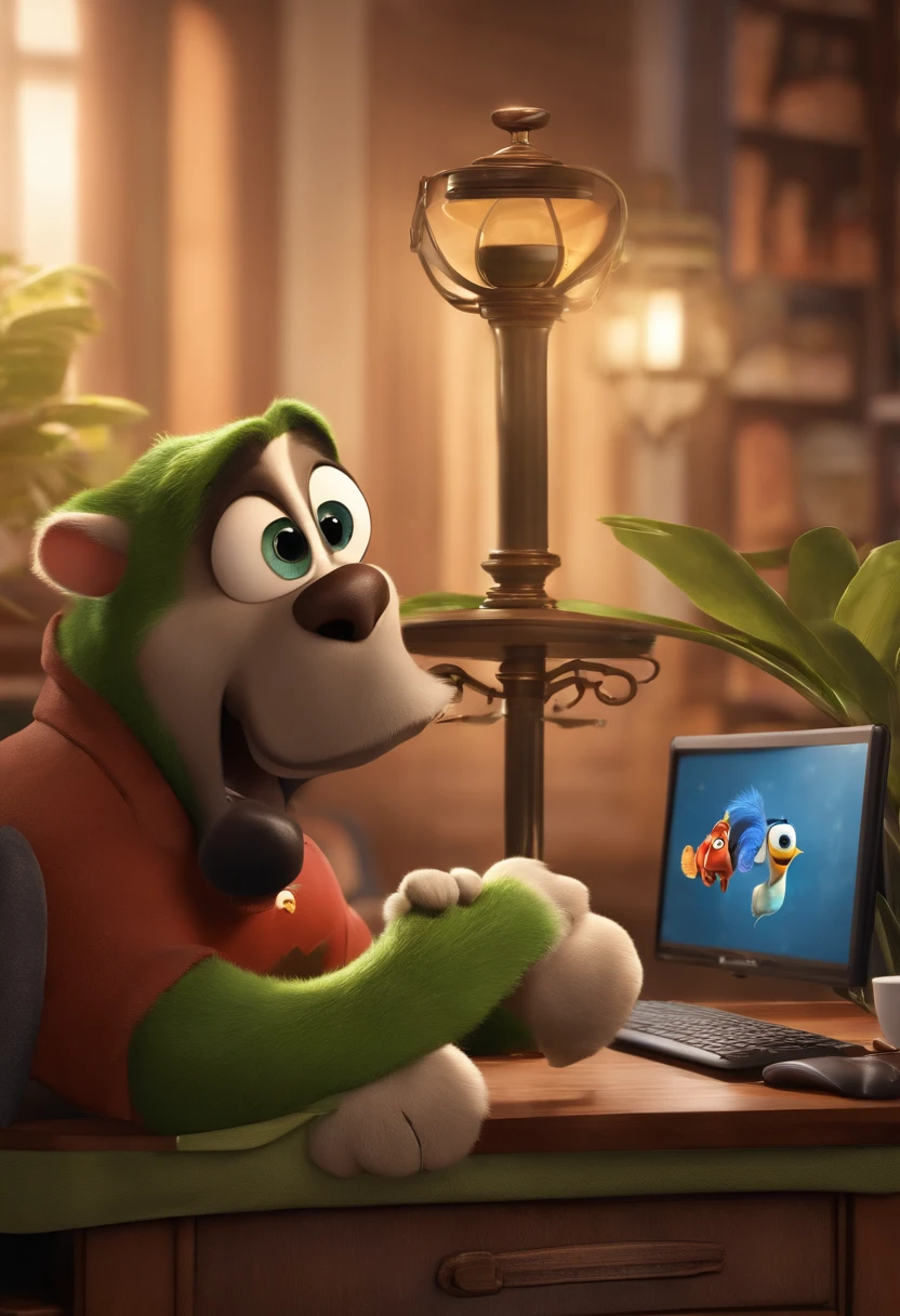 criar uma imagem no estilo do universo Disney Pixar 3D do filme Bruno, trata-se de um jovem de 24 anos de cabelos escuros, um bigode, Wearing a black t-shirt that's a hacker, works in Systems Automation & Atendimento, Trained in growth hacking and is almost sitting in her office negotiating her services with potential clients via video call.