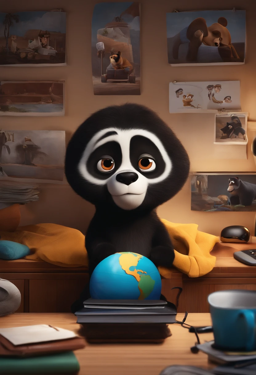 criar uma imagem no estilo do universo Disney Pixar 3D do filme Bruno, trata-se de um jovem de 24 anos de cabelos escuros, um bigode, Wearing a black t-shirt that's a hacker, works in Systems Automation & Atendimento, Trained in growth hacking and is almost sitting in her office negotiating her services with potential clients via video call.