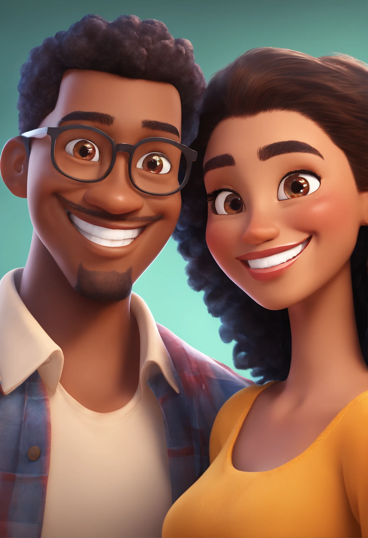 An illustration of an adorable couple, Highlight for a chubby mulatto man with glasses smiling and a brunette woman with beautiful expressive eyes - the man's skin is mulatto and the man's hair haswhile the woman's skin is black and the woman's hair is straight and brown. They are a bright room, cada um com um sorriso no rosto, e compartilhar um momento especial caracterizado pelo amor, Insights. Illustrate this scene from a perspective where they are facing the camera, Smiling and Showing Your Connection. Desenvolva esta arte em Full HD, Focus on your cinematic touch, Estilo Disney Pixar Animations