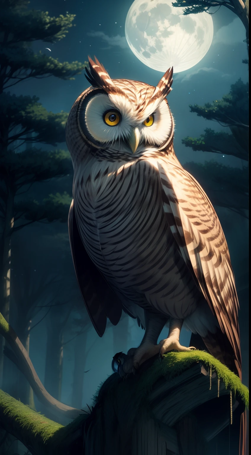 (Best quality,Ultra-detailed,Masterpiece:1.2),Detailed eyes,detailed feathered,Detailed fur,(owl:1.3),Night,Moonlight,sharp talons,sharp beak,Dark silhouette,mysterious,Huge wings,hidden in the shadows,beautiful feathers,Staring with wide eyes,wise expression,hauntingly beautiful,Majestic,Glowing eyes,Vigilant gaze,Dark forest,Enchanted,moonlit sky,wisdom,covert,Quiet night,stillness,Hidden wisdom,mythological creatures,enchanting scenery,Dark magic,Branches in the moonlight,Tall trees,green leaf,reflection of the moon,serene,Peaceful,Quiet,Hunting,Nocturnal predators,wildness,Fly gracefully,Watch with vigilance,soaring through the sky,Colorful feathers,Elusive prey,night vision,Pristine landscape