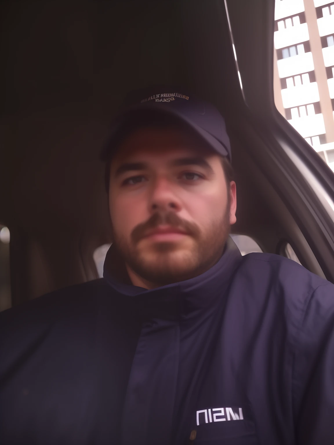 (best quality,4k,8k,Altas,master part:1.2),ultra-detalhado,(Realistic,fotorrealista,photo-realistic:1.37),Man with beard and mustache in a blue jacket and cap,illustration,high-definition,foco nítido,retrato,profissional,paleta de cores arenosa,linhas finas,pelos faciais detalhados,captivating expression,textura jeans desgastada,sombreamento cuidadosamente elaborado,artistic lighting,urban backdrop,postura confiante,Attention to wrinkles,Olhar Focado,vivid colors.