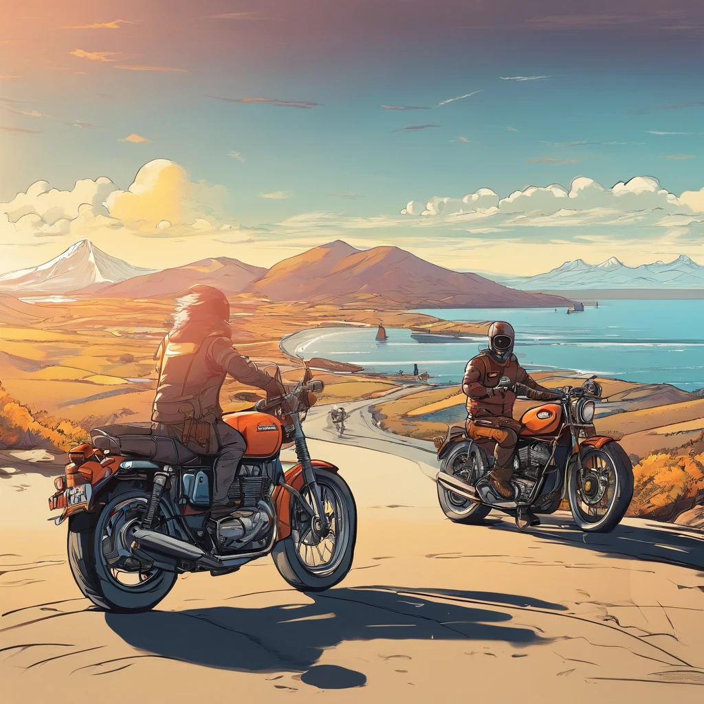 Wide and winding road that climbs towards the mountains with vast vegetation, the initial part of this road is over the sea seen from the lower part to the upper part. A group of 22 twenty-two motorcyclists seen from behind, approximately two meters apart, travel from the lower to the upper part of this road. The first motorcyclist is close to the mountains, at the top of the slope, the second is two meters from the first, the third is two meters from the second and so on until the last is at the bottom of the road over the sea. Clear and calm sea. The group of twenty-two motorcyclists has classic motorcycles as well as modern motorcycles. A large bright sun is at mid-height in the background of the image. The uphill road and the group of twenty-two motorcyclists head towards the sun. Ultra realistic, perfect image with lots of details where you can see all twenty-two motorcyclists. Day with clear skies. The group of twenty-two motorcyclists wear typical motorcycle clothing, such as vests and leather jackets. Uphill road seen from the bottom up, well signposted and defined, with sharp curves, with protective walls and guardrails. The sun stands out for its brightness and reflects lightly on the sea. Some motorcycles have a driver and passenger. There are motorcycles of different colors and models. The group of 22 twenty-two motorcyclists, with their twenty-two motorcycles, heads in the same direction, in the same direction of the road from the low part to the high part towards the mountains, going up. Uphill road towards the mountains. You can see the shine and details of the 22 twenty-two motorcycles. The sea gently touches the beach on the side at the beginning of the paved road seen from the lower part. The group of twenty-two motorcyclists and their twenty-two motorcycles are seen from behind towards the mountains from the lower part, close to the sea, to the upper part, close to the mountains, towards the Sun.