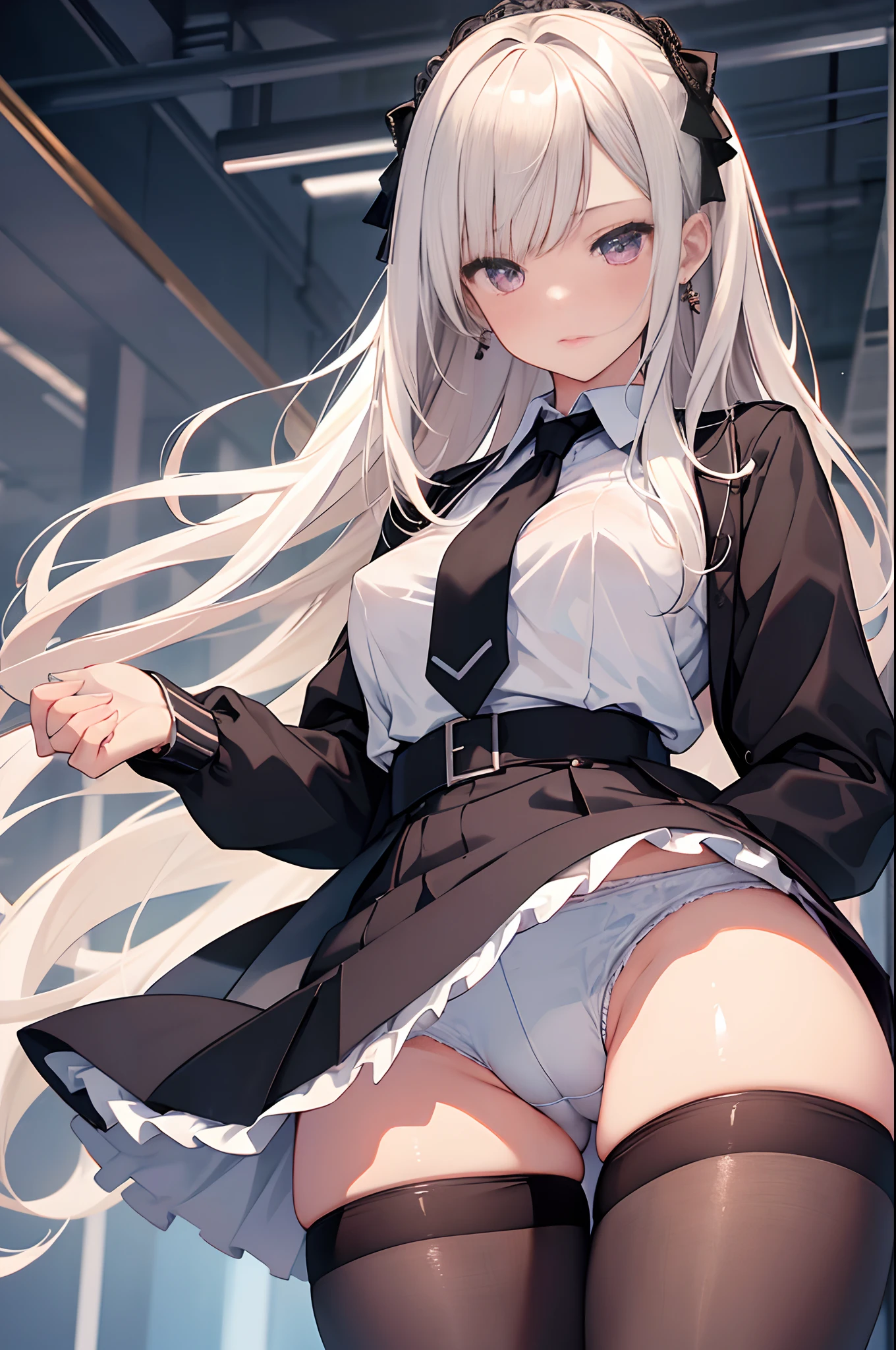 Girl seen from the floor, You can wear skirts and shorts, View from below, Long stockings or pantyhose, medium breasts, ((Very detailed)), (Perfectly detailed face), (Highly detailed hands), Photorealistic images.、Not wearing panties、、NSFW、Oily skin、Love Juice