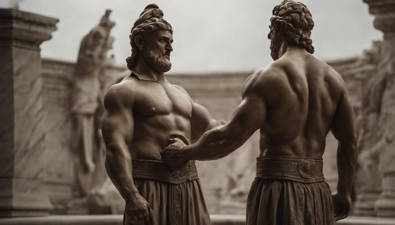 White marble statues of two stoic warriors shaking hands, muscles, full body, perfect hands, perfect arms, perfect body, 8K cinematic dark background, ultra realistic.