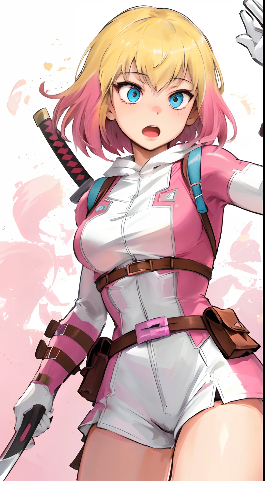 gwenpool, 1girl, weapon, blonde hair, multicolored hair, solo, blue eyes, sword, pouch, superhero, short hair, gradient hair, open mouth, belt, two-tone hair, pink hair, breasts, gloves, belt pouch