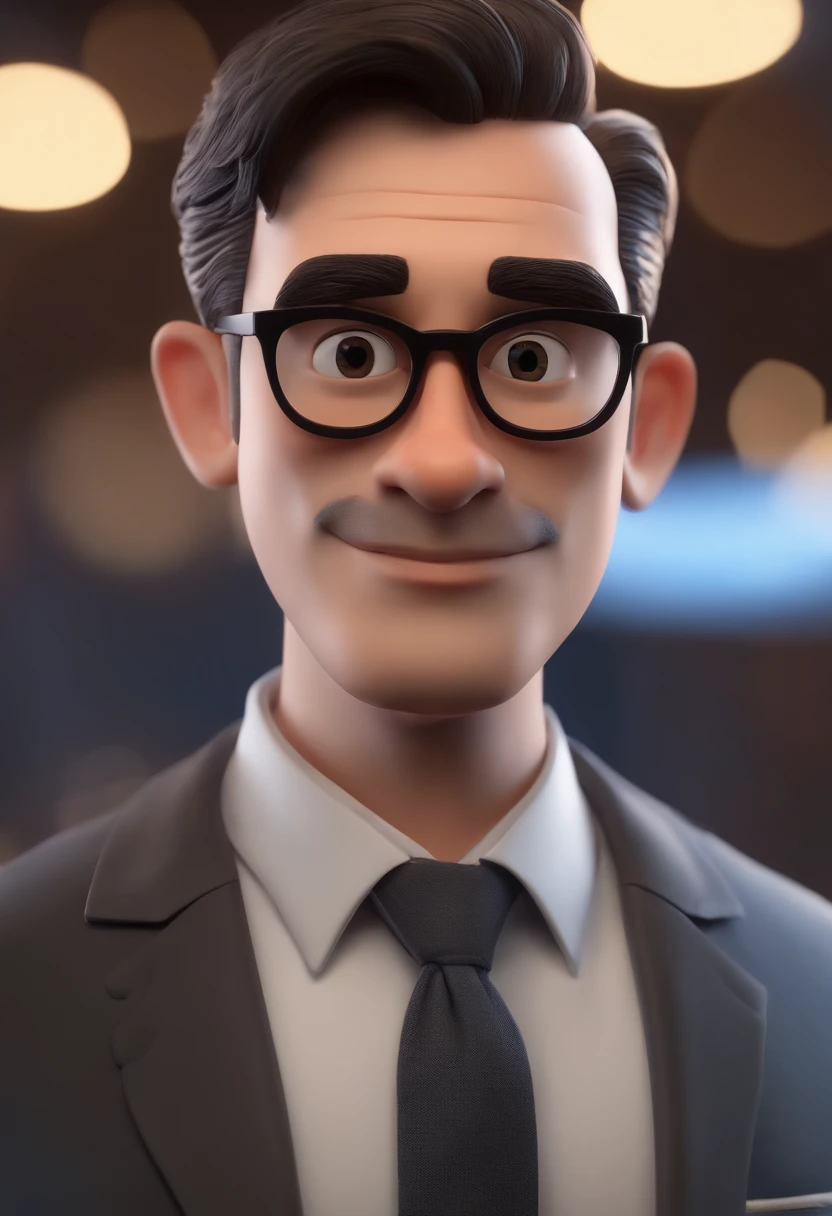Cartoon character of a man wearing black glasses and a blue shirt, um personagem animado, Caractere estilizado, animation style rendering, 3D estilizado, Arnold Maya render, 3 d render stylized, toon render keyshot, Personagem 3D, Personagem 3D, 3d rendering stylized, 3 d character render, personagem de desenho animado, Personagem de close up, Pose de personagem, (Estilo Pixar) (master part:1.2) (Bokeh) (best quality) (pele detalhada) (textura detalhada) (8k) (argila) (Cinematic lighting) (foco nítido,Senta e vaza a parte superior do corpo
