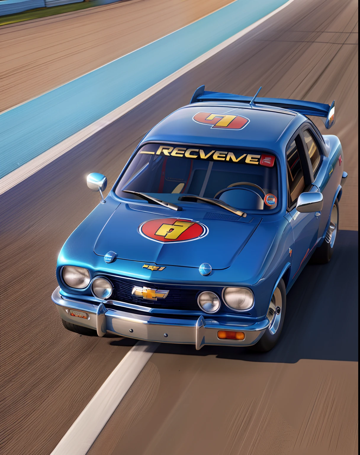 Chevrolet chevette 73 in metallic blue color on a race track in pixar model