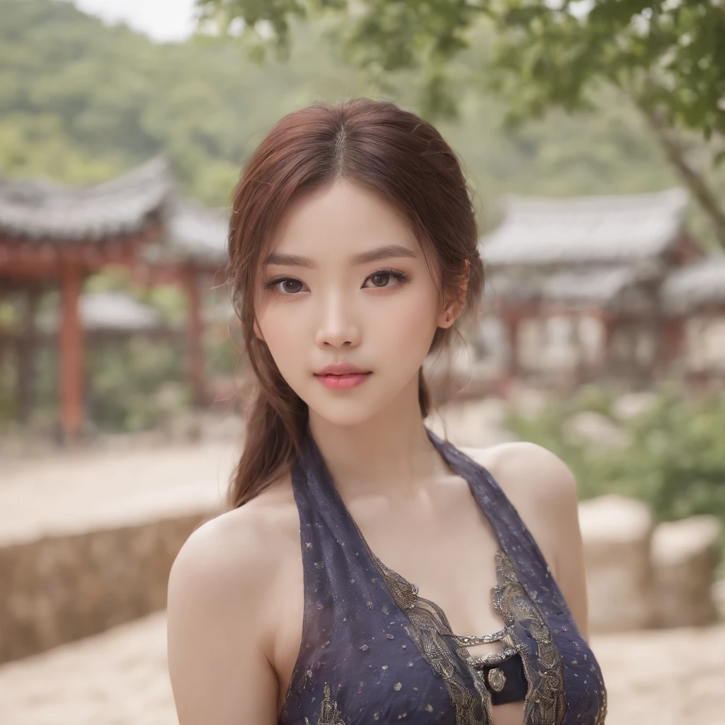 1girl, (ULZZANG-6500:0.7), Kpop idol, Yae Miko, sbikini, mangas destacadas, bareshoulders, cabelo rosa, cabelos longos, sbikini, best quality, (Pintura:1.5), (ornamento de cabelo:1.35), jewelries, Purple eyes, Brincos, seios, Torii, Cereja, Luz da lanterna, profundidade de campo, Rosto detalhado, foco facial, fita_aparar, (Olhando para o Viewer:1.25), nontraditional miko, pele brilhante, mangas compridas, sorrir, thick lips, Jogo CG, Hands on lips, East Asian architecture, (blurry background:1.2), sentado, parte superior do corpo, sbikini