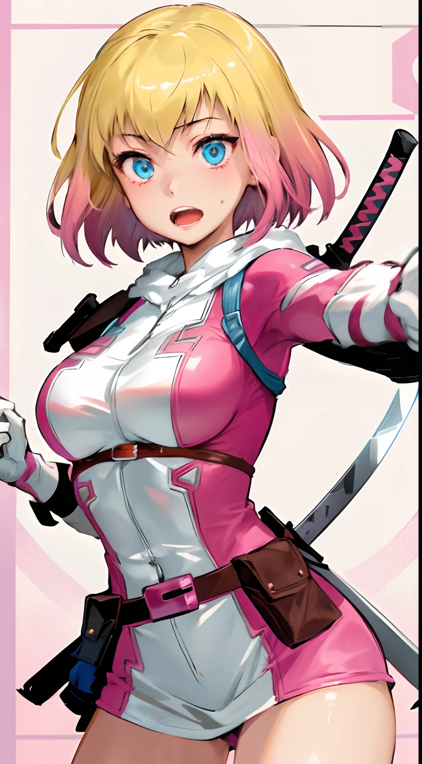 gwenpool, 1girl, weapon, blonde hair, multicolored hair, solo, blue eyes, sword, pouch, superhero, short hair, gradient hair, open mouth, belt, two-tone hair, pink hair, breasts, gloves, belt pouch