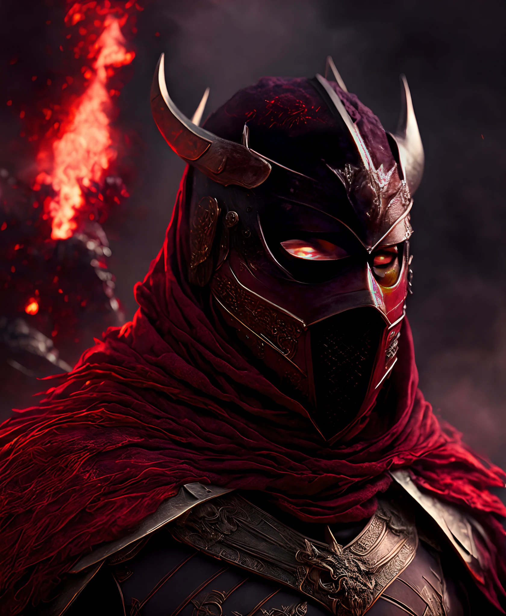 Close-up ( Masked-Lava-man From DC dressed a Viking in Goth style: 1.3), influenced by the colour dark red, emerging from the the old Vikings world, extremely detailed, smoke, sparks, metal shavings, flying debris, volumetric light