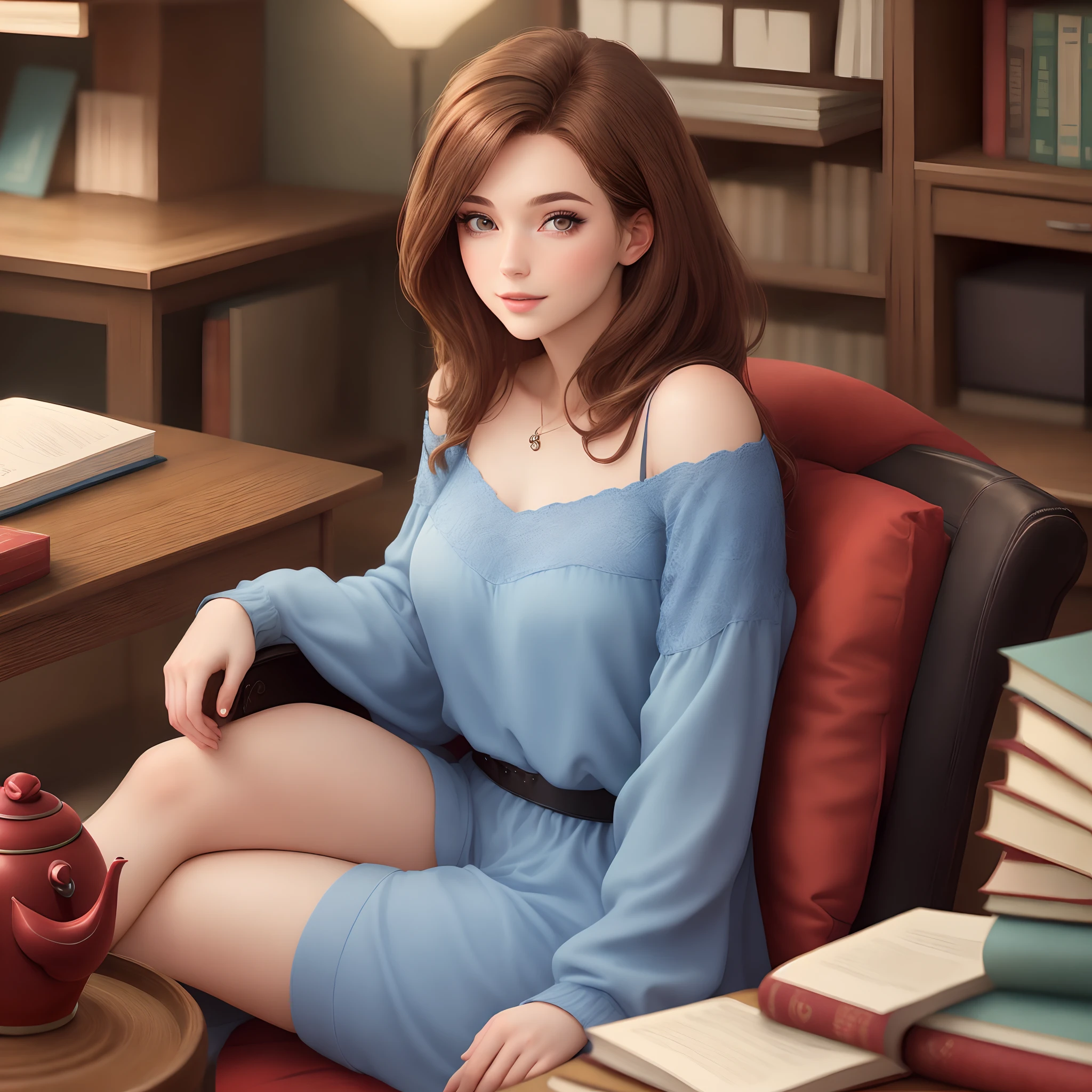 A high-definition image of a 25-year-old woman with shoulder-length brown hair, Almond-eyed wearing blue clothes reclining on a red diva next to a desk with tea and books,junto a uma janela grande com vista para as montanhas