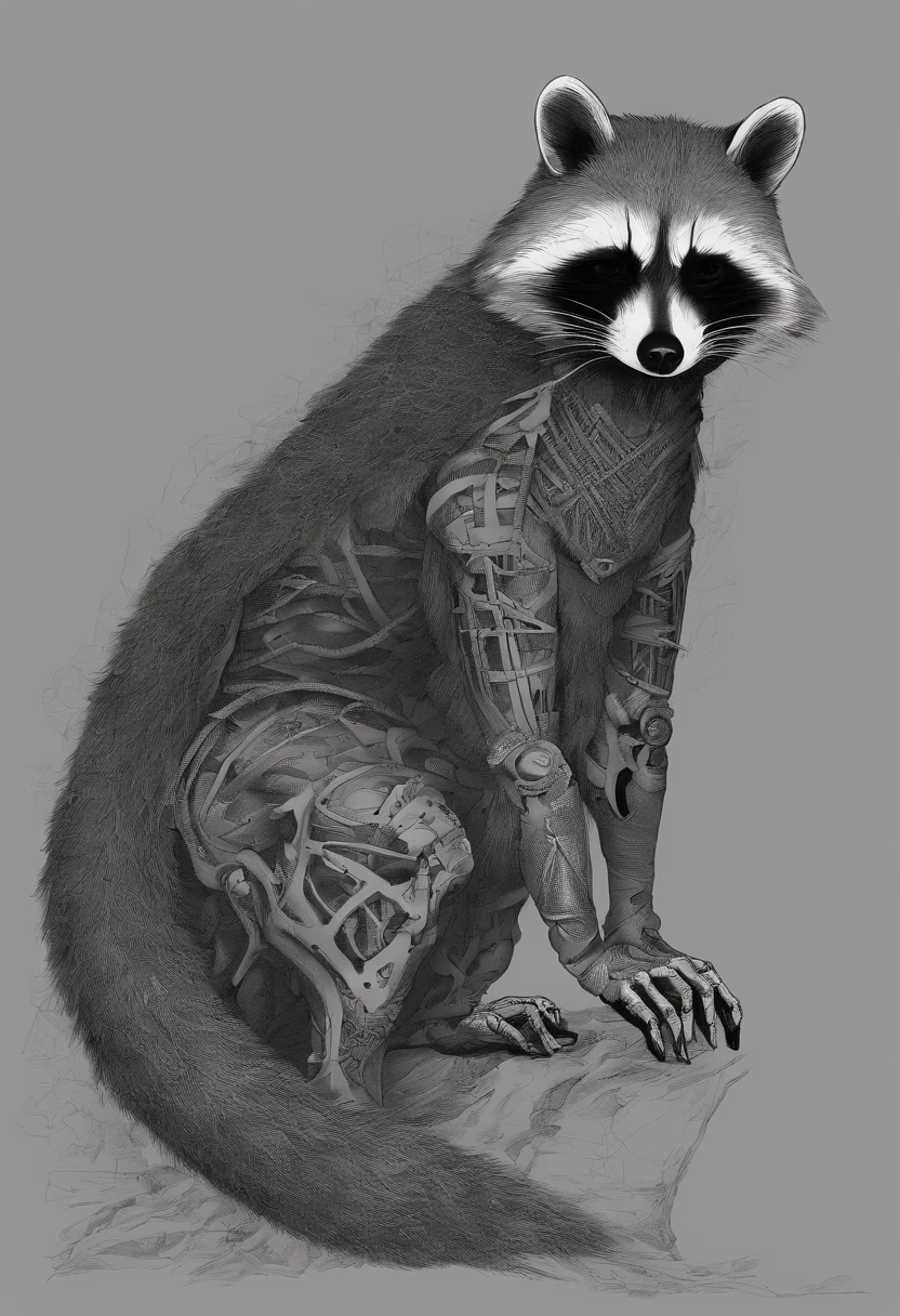 ah alto, Flaco, Broad-shouldered anthropomorphic raccoon (peludo). Cabeza y hocico negros. ojos humanos, gris acerado y brillan ominosamente. negro, Largo de pelo, Slicked-back and braided into a ponytail. viste de samurai, stylistic. A sense of melancholy and sinister presence is conveyed. sangriento