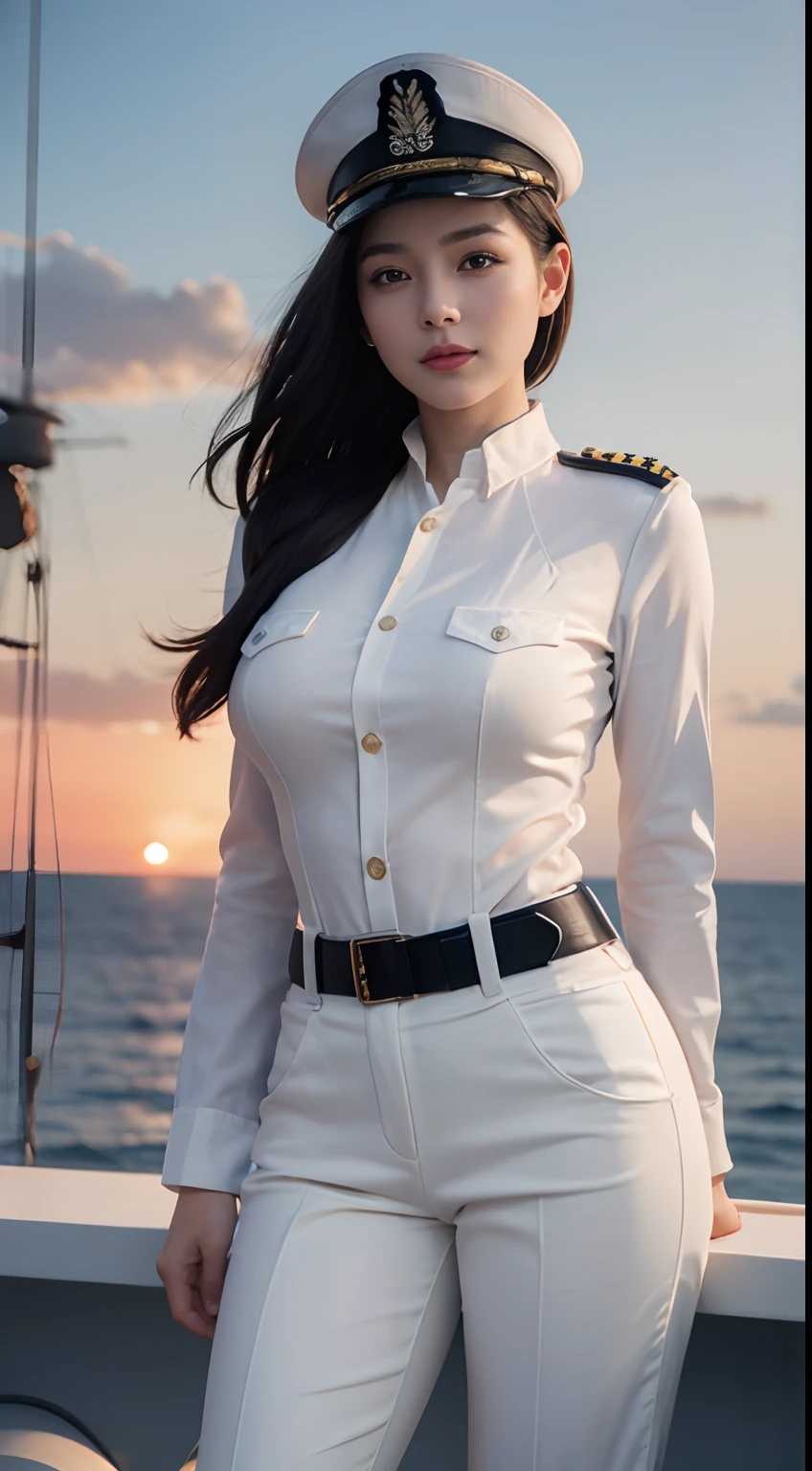 (8K,Photorealsitic, Raw photography, top-quality;1.4) , (1 mature female), Super beauty (Lifelike face) Woman in white uniform posing on warship, big breast, Woman in military uniform military uniform pants, Beautiful expression, real looking skin, 超A high resolution, Precision Details, Warship deck, Sunset,1girl