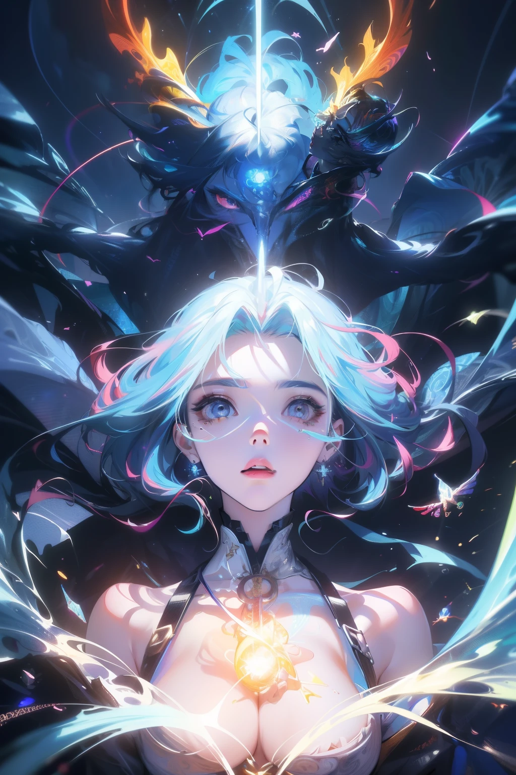 (absurdres, highres, ultra detailed), 1girl, solo, extremely detailed eyes, (official art, beautiful, cosmic, atmospheric, psychedelic and aesthetic:1.2), (fractal art:1.3), incredibly colorful, perfect color scheme, highest detailed