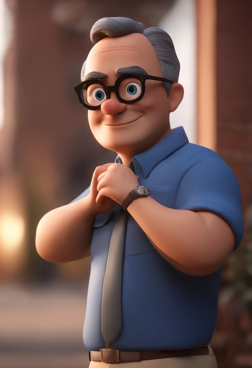 Cartoon character of a man wearing black glasses and a blue shirt, um personagem animado, Caractere estilizado, animation style rendering, 3D estilizado, Arnold Maya render, 3 d render stylized, toon render keyshot, Personagem 3D, Personagem 3D, 3d rendering stylized, 3 d character render, personagem de desenho animado, Personagem de close up, Pose de personagem, (Estilo Pixar) (master part:1.2) (Bokeh) (best quality) (pele detalhada) (textura detalhada) (8k) (argila) (Cinematic lighting) (foco nítido,Senta e vaza a parte superior do corpo