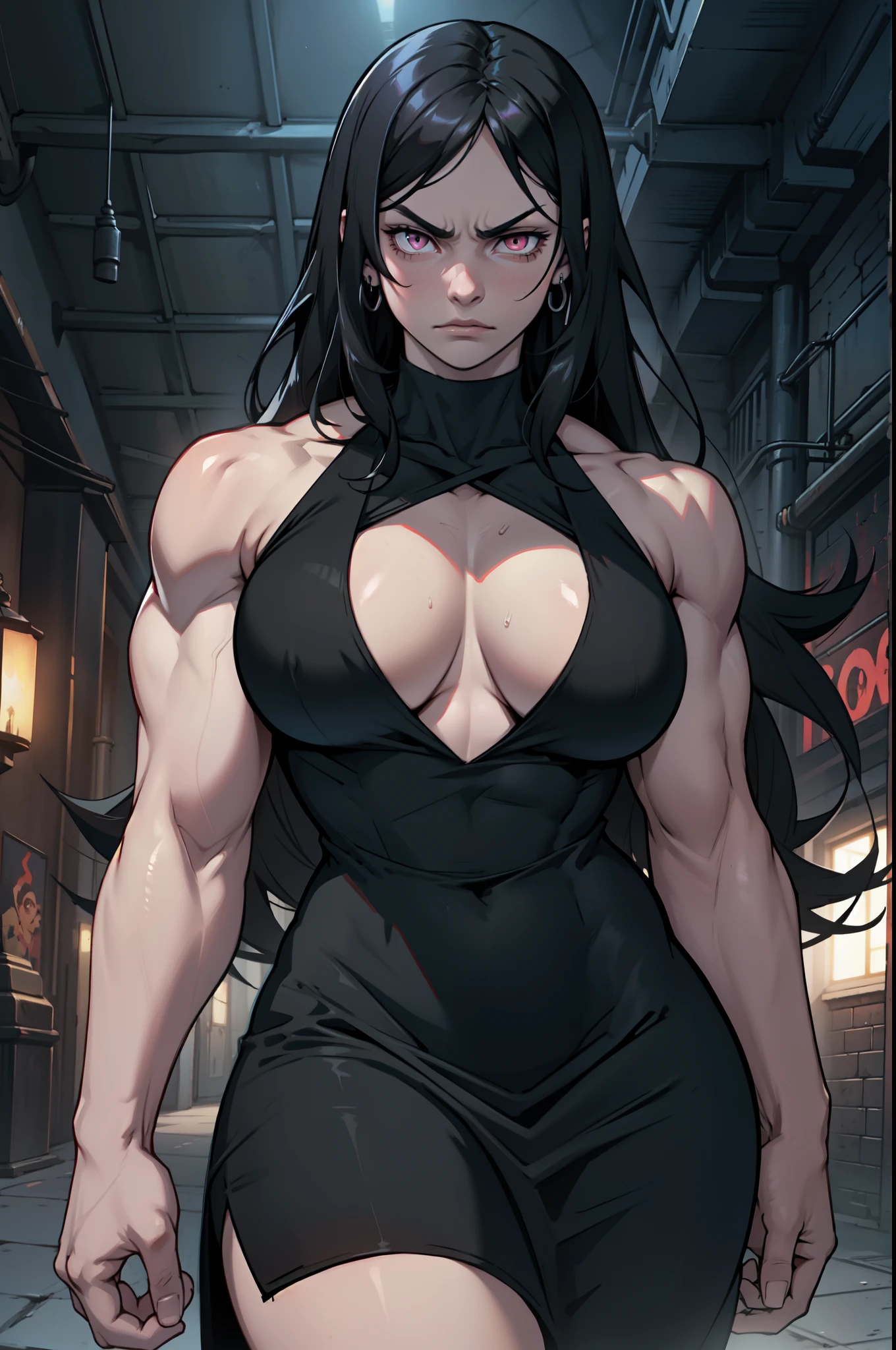 pale skin muscular toned body bodybuilder huge breasts black hair pink eyes angry 1girl long black dress cowboy shot very long hair kingdom hall background dark atmosphere