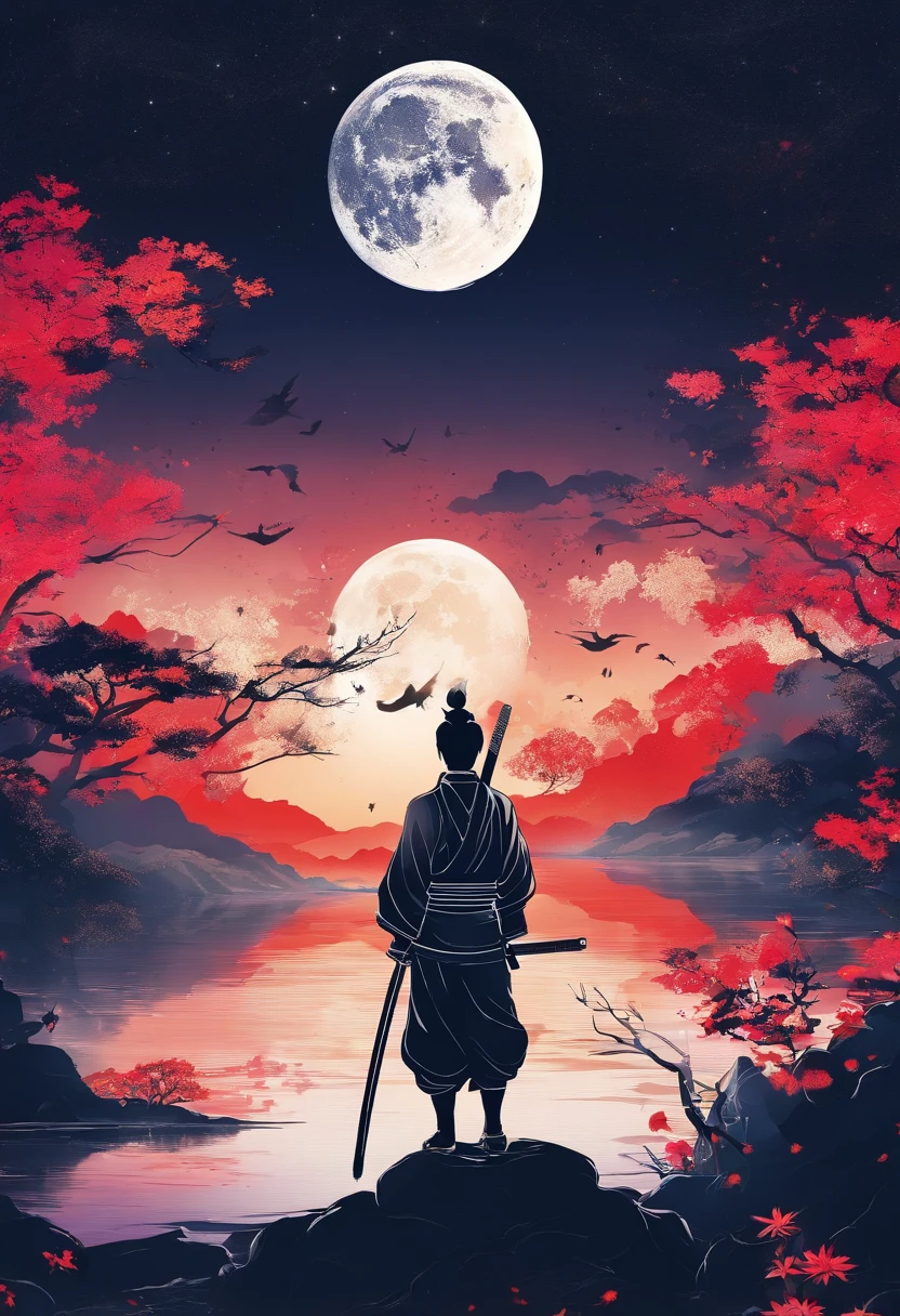 astonishing night background, big moon on background, samurai, male