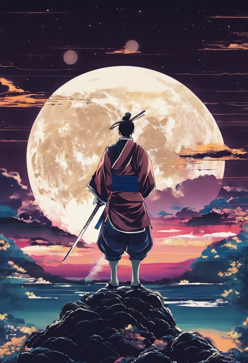 astonishing night background, big moon on background, samurai, male
