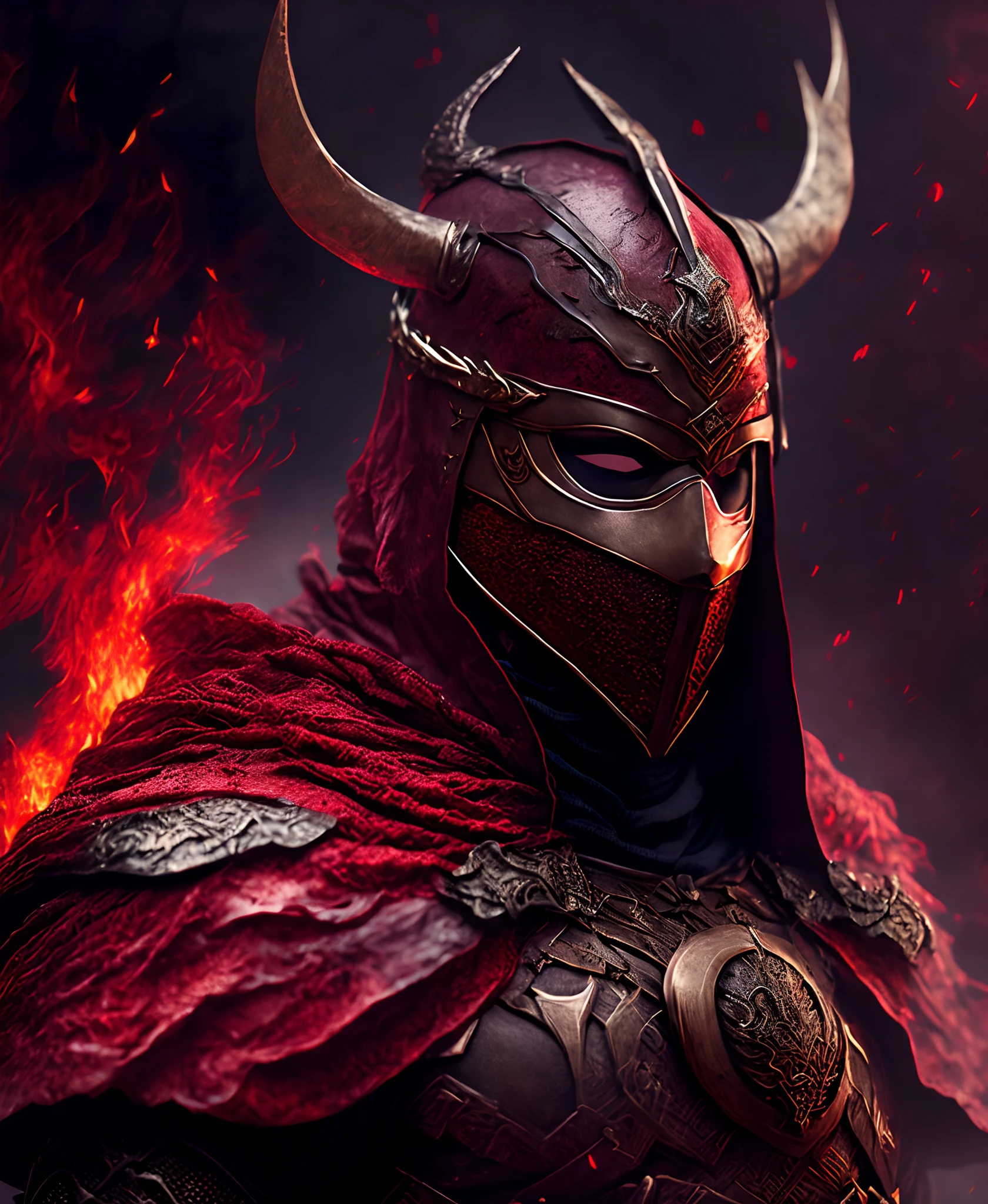 Close-up ( Masked-Lava-man From DC dressed a Viking in Goth style: 1.3), influenced by the colour dark red, emerging from the the old Vikings world, extremely detailed, smoke, sparks, metal shavings, flying debris, volumetric light