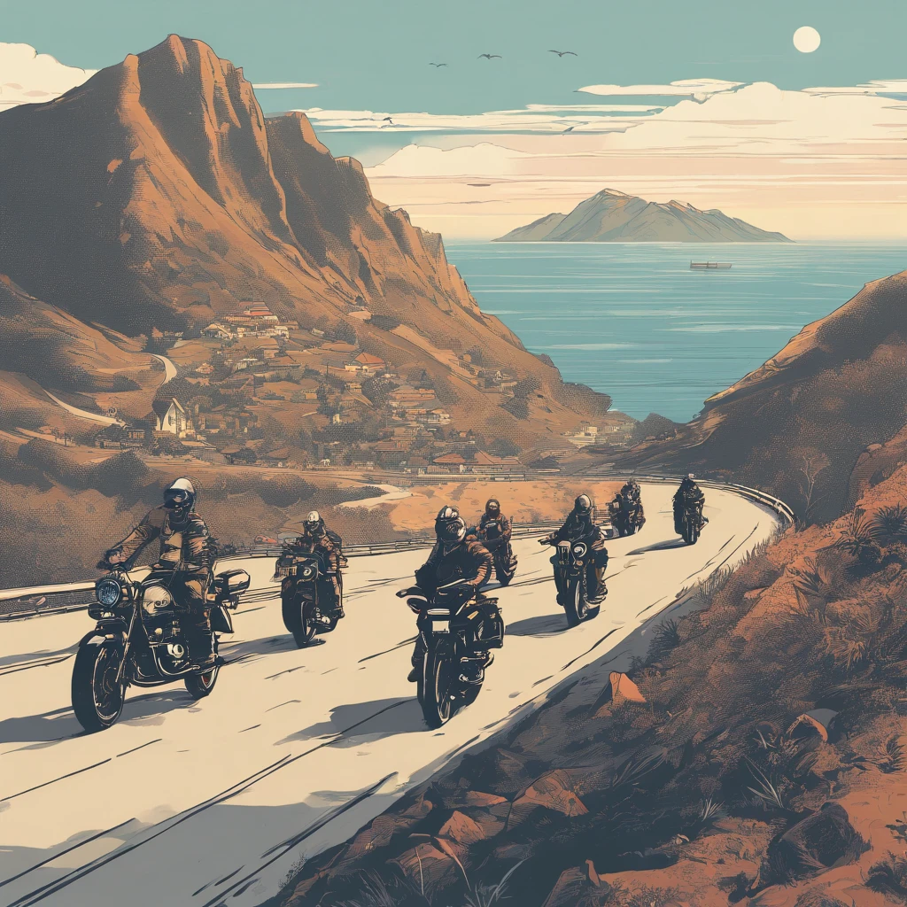 Wide and winding road that climbs towards the mountains with vast vegetation, the initial part of this road is over the sea seen from the lower part to the upper part. A group of 22 twenty-two motorcyclists seen from behind, approximately two meters apart, travel from the lower to the upper part of this road. The first motorcyclist is close to the mountains, at the top of the slope, the second is two meters from the first, the third is two meters from the second and so on until the last is at the bottom of the road over the sea. Clear and calm sea. The group of twenty-two motorcyclists has classic motorcycles as well as modern motorcycles. A large bright sun is at mid-height in the background of the image. The uphill road and the group of twenty-two motorcyclists head towards the sun. Ultra realistic, perfect image with lots of details where you can see all twenty-two motorcyclists. Day with clear skies. The group of twenty-two motorcyclists wear typical motorcycle clothing, such as vests and leather jackets. Uphill road seen from the bottom up, well signposted and defined, with sharp curves, with protective walls and guardrails. The sun stands out for its brightness and reflects lightly on the sea. Some motorcycles have a driver and passenger. There are motorcycles of different colors and models. The group of 22 twenty-two motorcyclists, with their twenty-two motorcycles, heads in the same direction, in the same direction of the road from the low part to the high part towards the mountains, going up. Uphill road towards the mountains. You can see the shine and details of the 22 twenty-two motorcycles. The sea gently touches the beach on the side at the beginning of the paved road seen from the lower part. The group of twenty-two motorcyclists and their twenty-two motorcycles are seen from behind towards the mountains from the lower part, close to the sea, to the upper part, close to the mountains, towards the Sun.