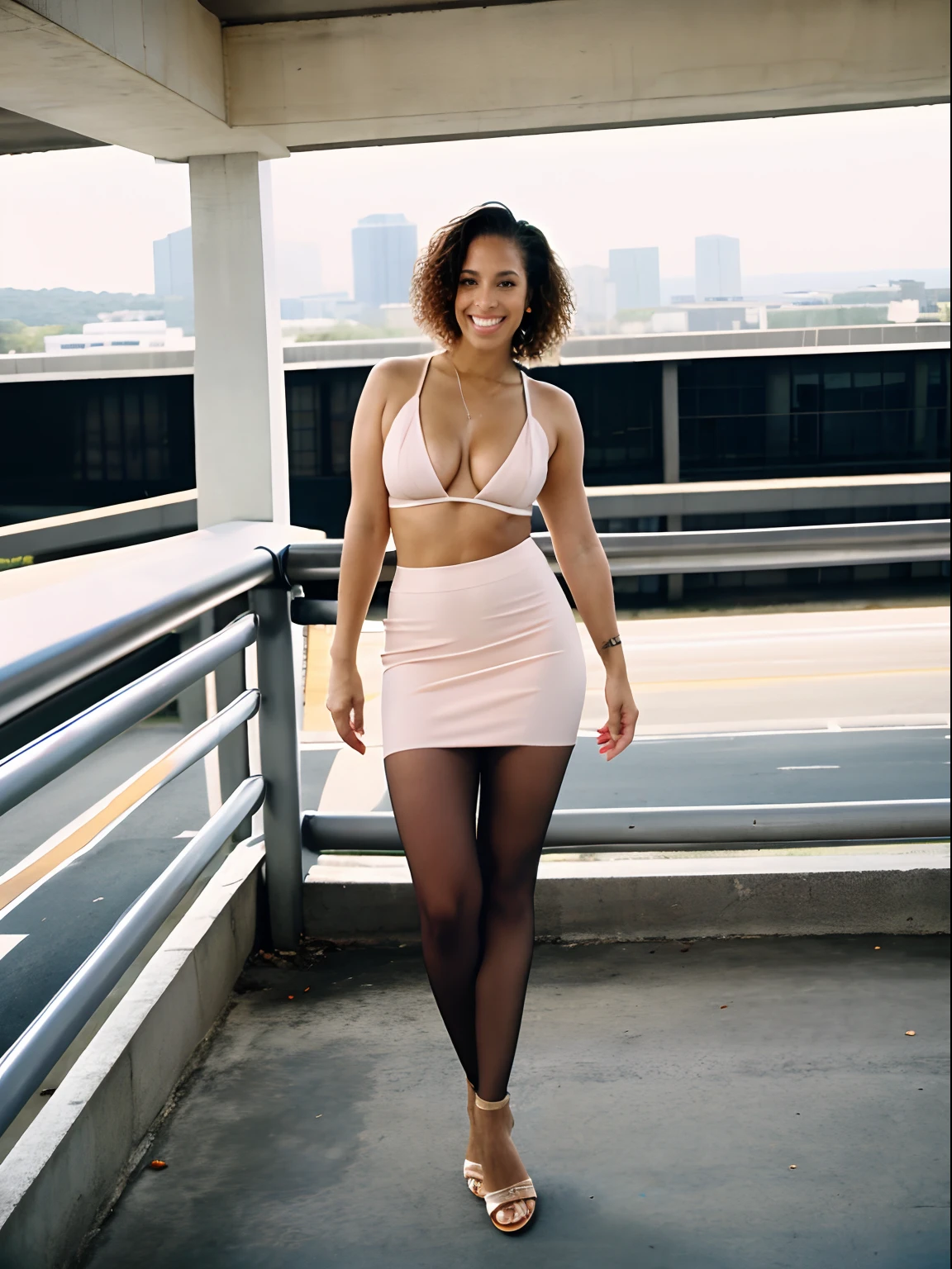 show entire body, feet in view, aerial view, Alicia Keys, exposed cleavage, pantyhose, pencil skirt, topless, no shoes, standing, empty parking garage, smiling, HD, best quality, Kodak 35mm Tri-X 400 film