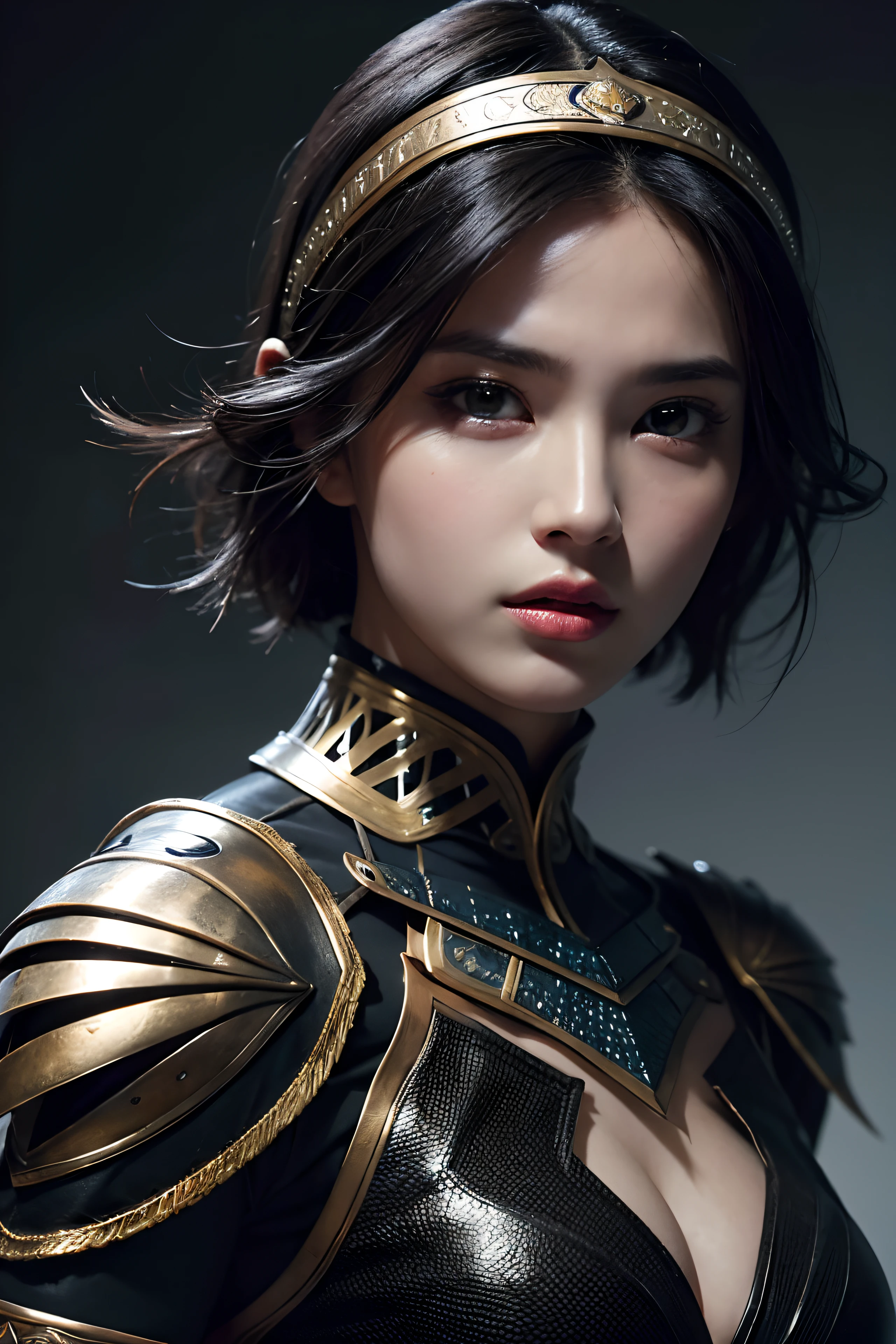 model shoot, (1 girl), Islamic, ((warrior)), hyper realistic, super detailed, Dynamic shot, masterpiece, scene sharp details, perfect eyes, perfect skin, perfect hands, short messy black hair, fierce looking